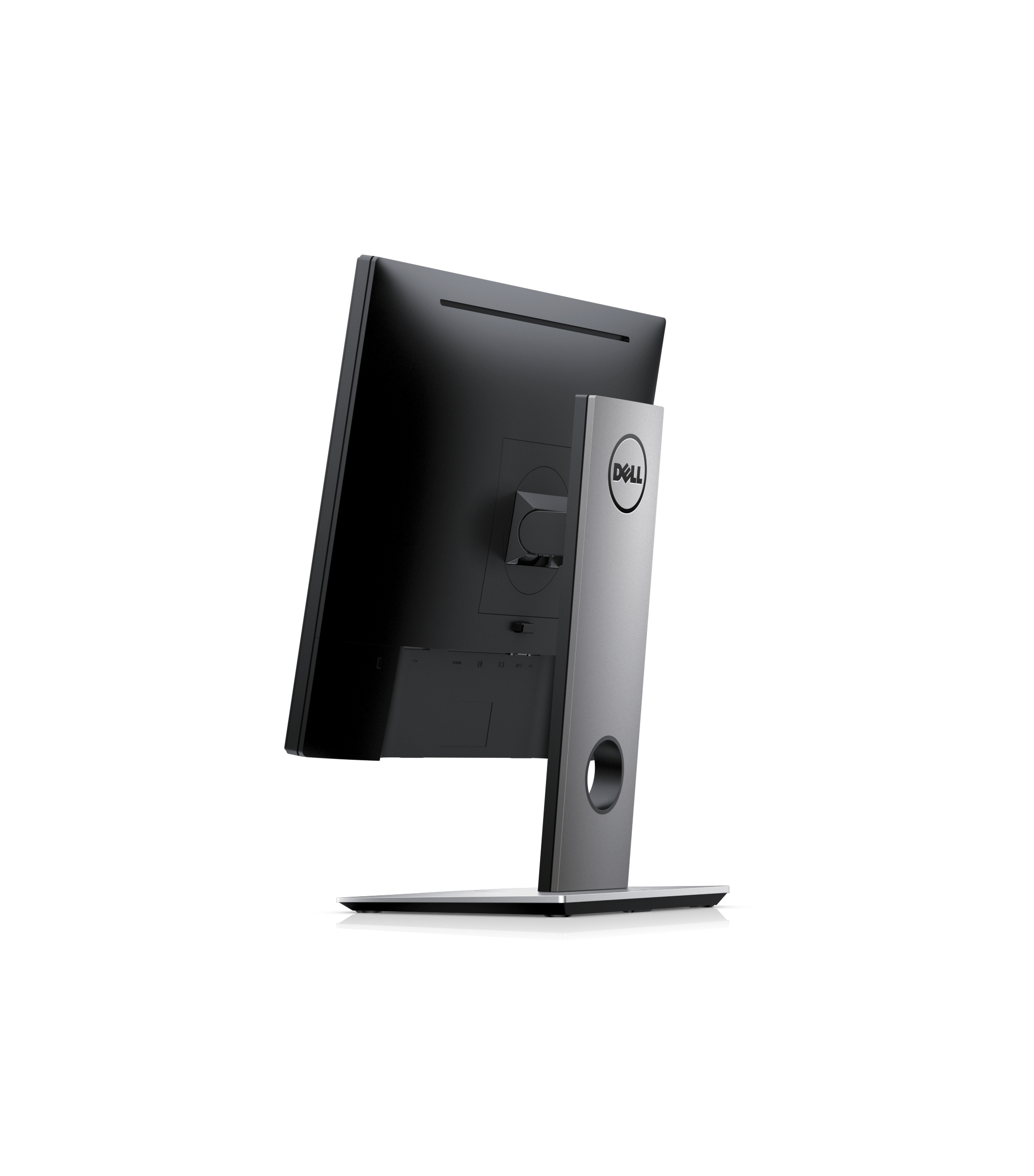 Ein Dell-Monitor von hinten gesehen. Er hat einen schwarzen Bildschirm und einen silbernen Ständer mit dem Dell-Logo.