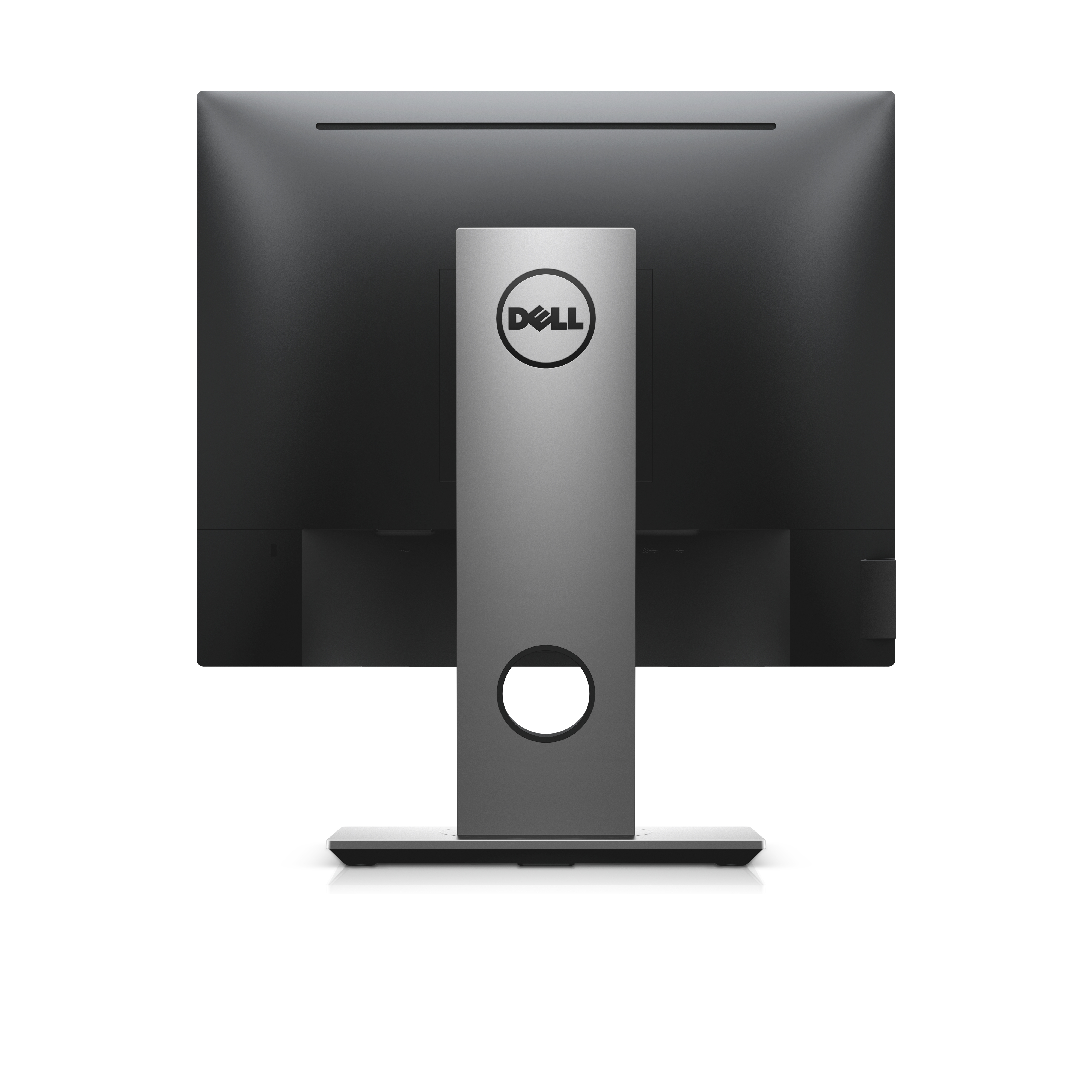 Rückansicht eines Dell-Monitors. Der Monitor ist schwarz und wird von einem silbernen Ständer mit Dell-Logo getragen.