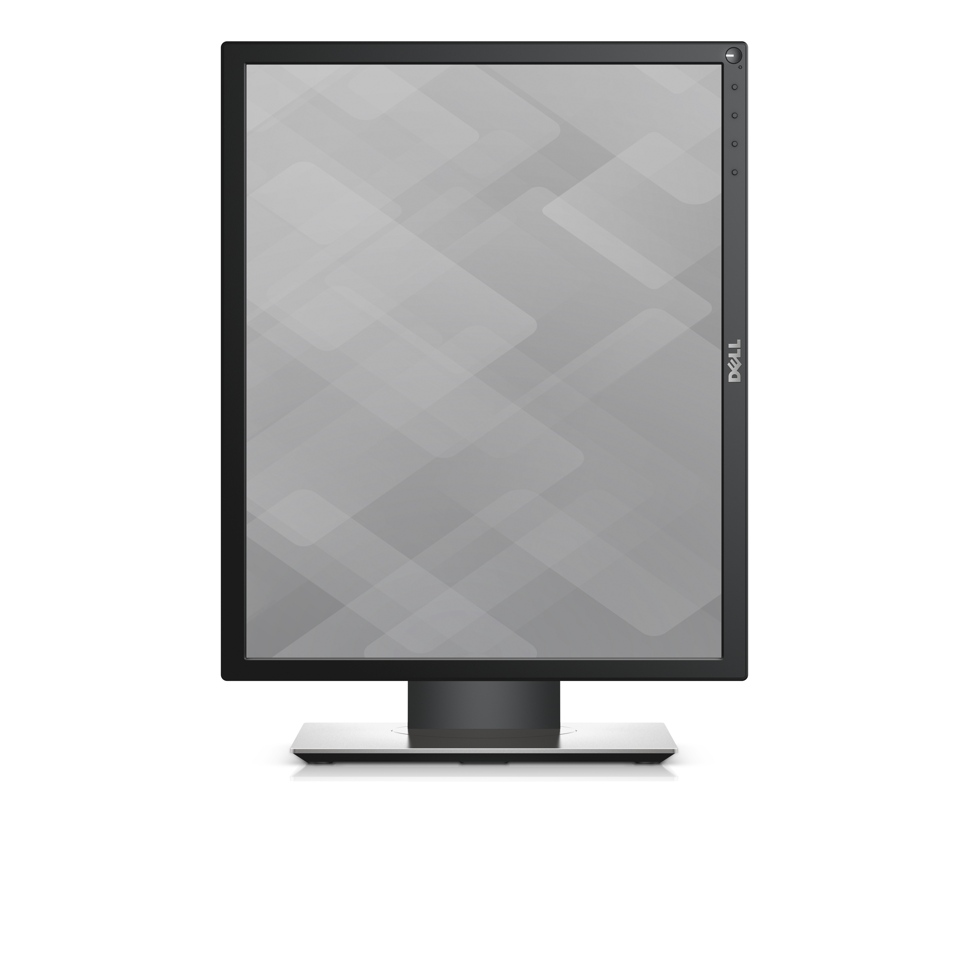 Ein Dell-Monitor auf weißem Hintergrund. Der Bildschirm ist grau mit geometrischem Muster. Der Ständer ist schwarz und silber.