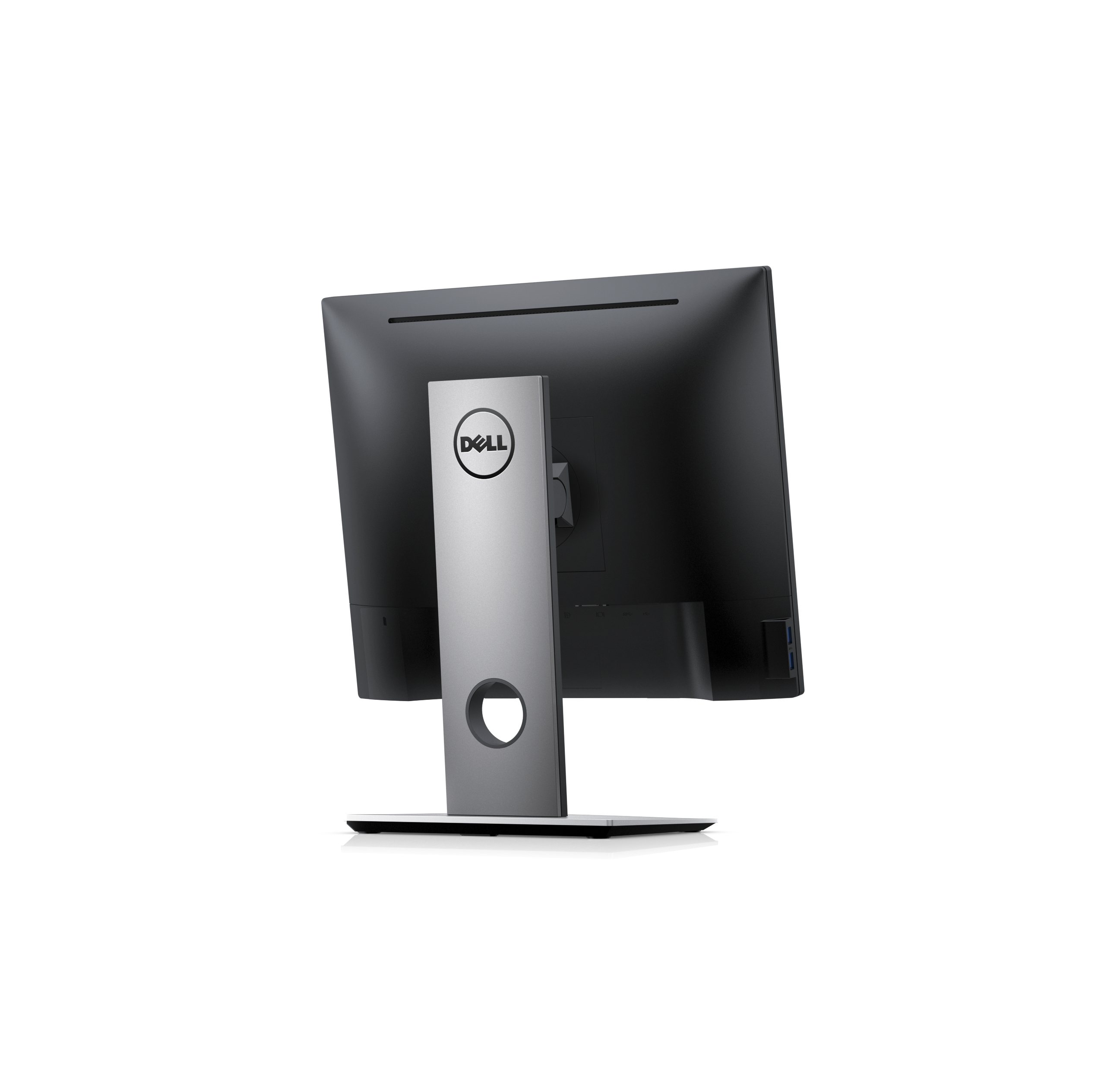 Rückansicht eines Dell-Monitors. Er hat einen schwarzen Bildschirm und einen silbernen Ständer mit Dell-Logo. Der Hintergrund ist weiß.