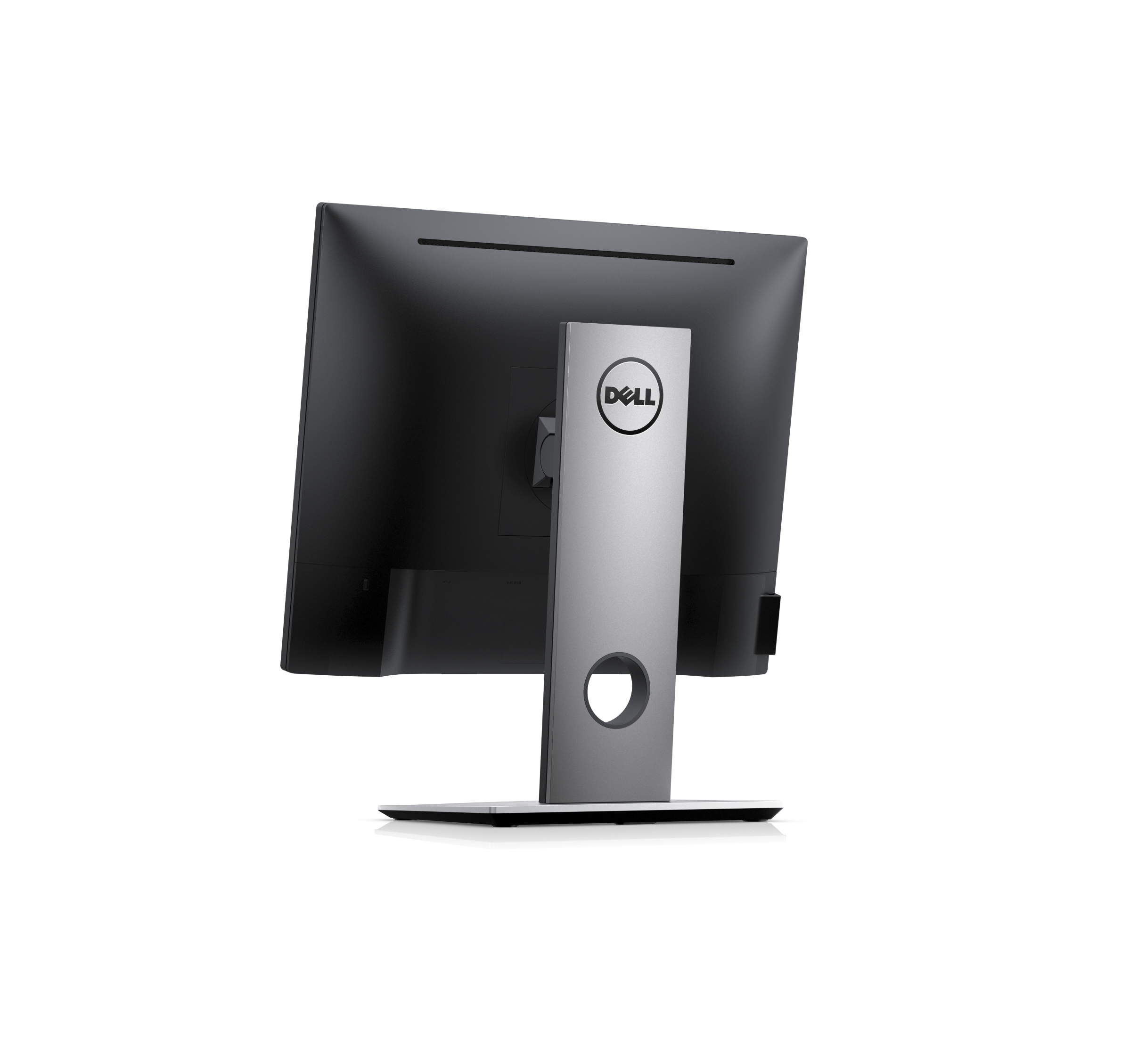 Rückansicht eines Dell-Monitors. Grauer Ständer und schwarzer Bildschirm. Dell-Logo sichtbar. Weißer Hintergrund.