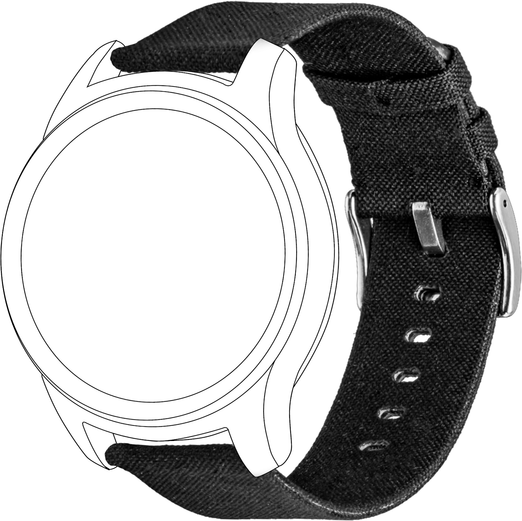 Uhrumriss auf Weiß. Schwarzes Armband mit Schnalle. Die Uhr hat ein kreisförmiges Zifferblatt.