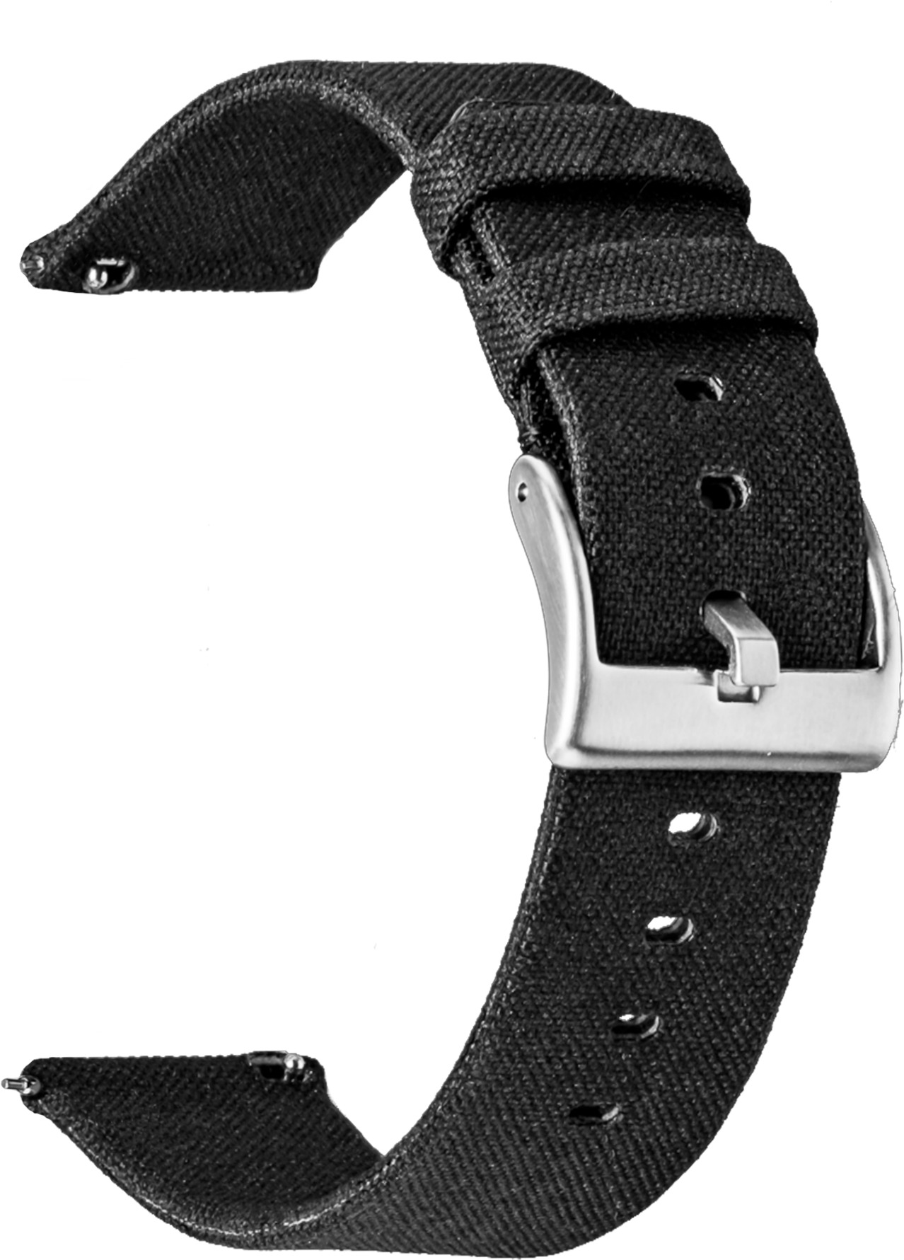 Schwarzes Uhrenarmband mit silberner Schnalle. Das Armband ist vor weißem Hintergrund.