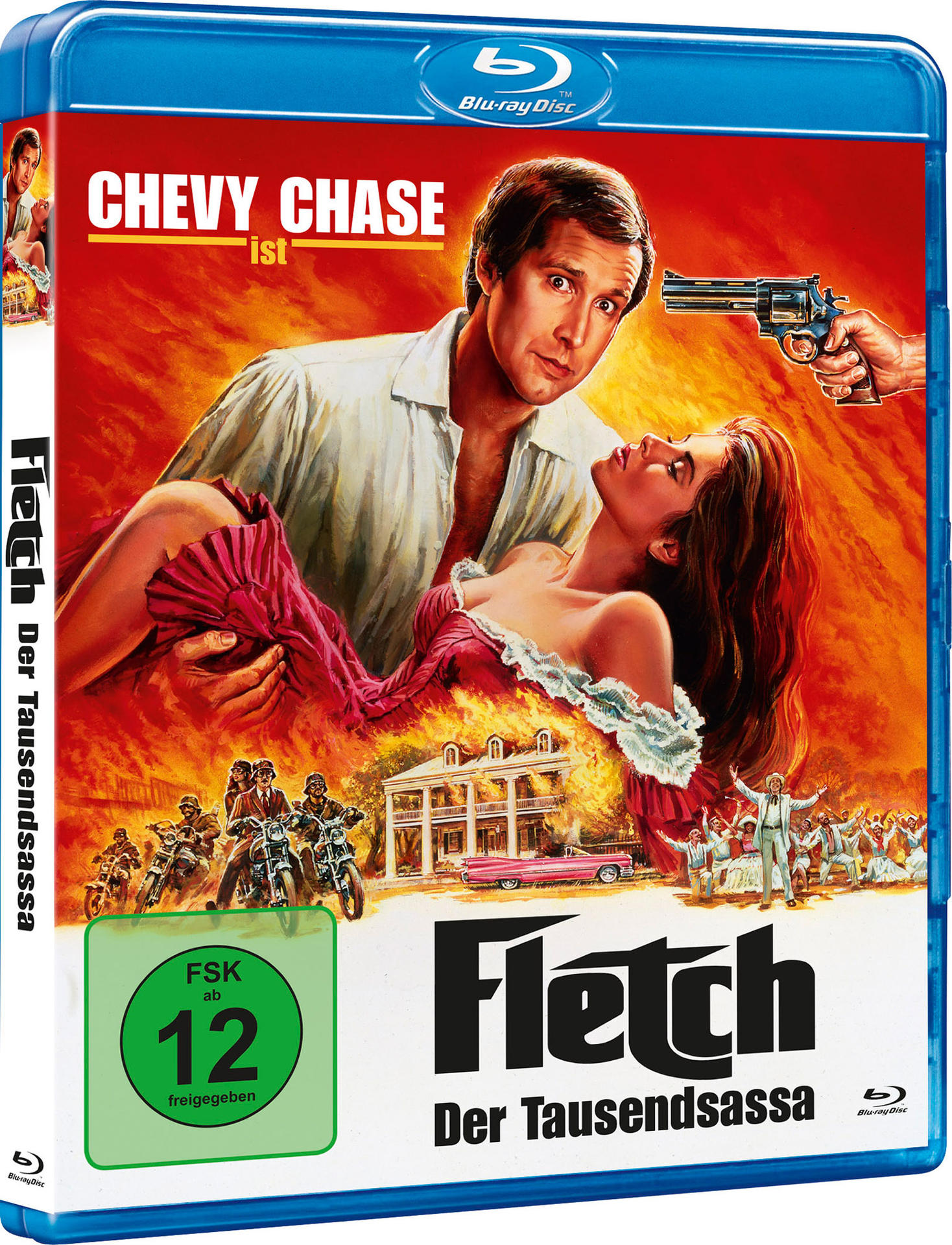 Filmcover für Fletch Der Tausendsassa. Chevy Chase ist im Vordergrund mit einer Frau. Eine Waffe ist ebenfalls zu sehen.