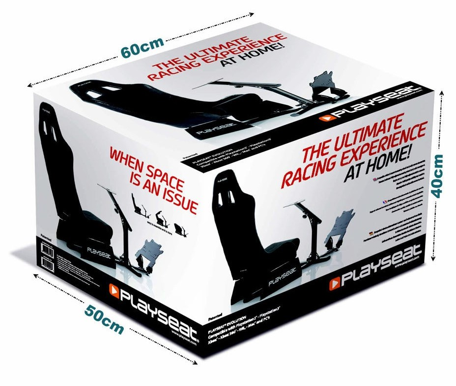 Caja etiquetada con "Playseat" muestra una silla de juego y dimensiones.