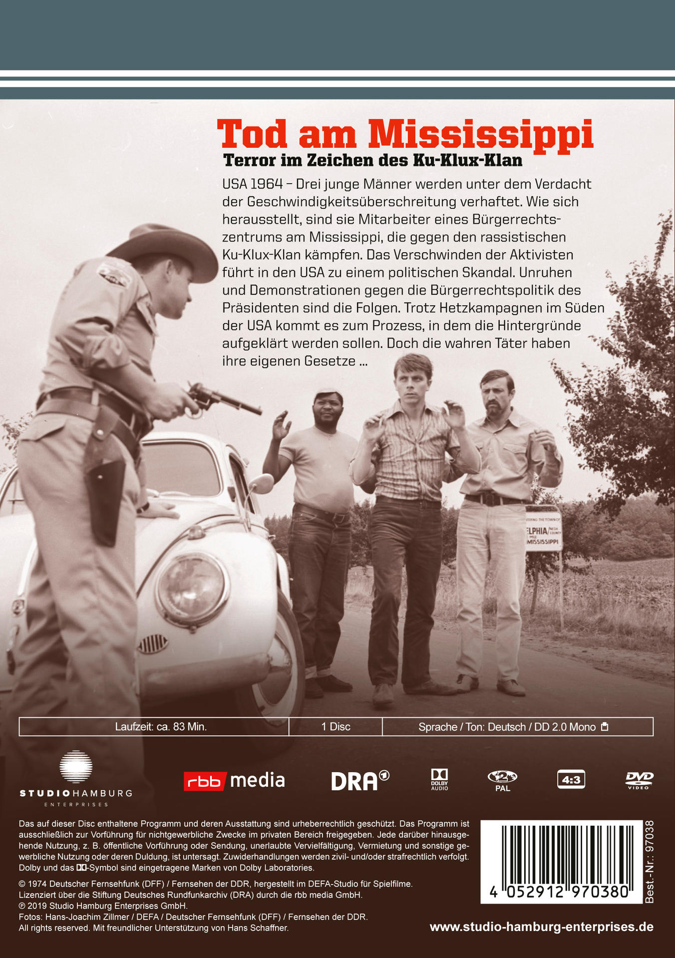 Ein Vintage-Filmplakat mit deutschem Text. Es zeigt Männer und ein Auto, mit einem Mann mit Cowboyhut, der eine Waffe hält.