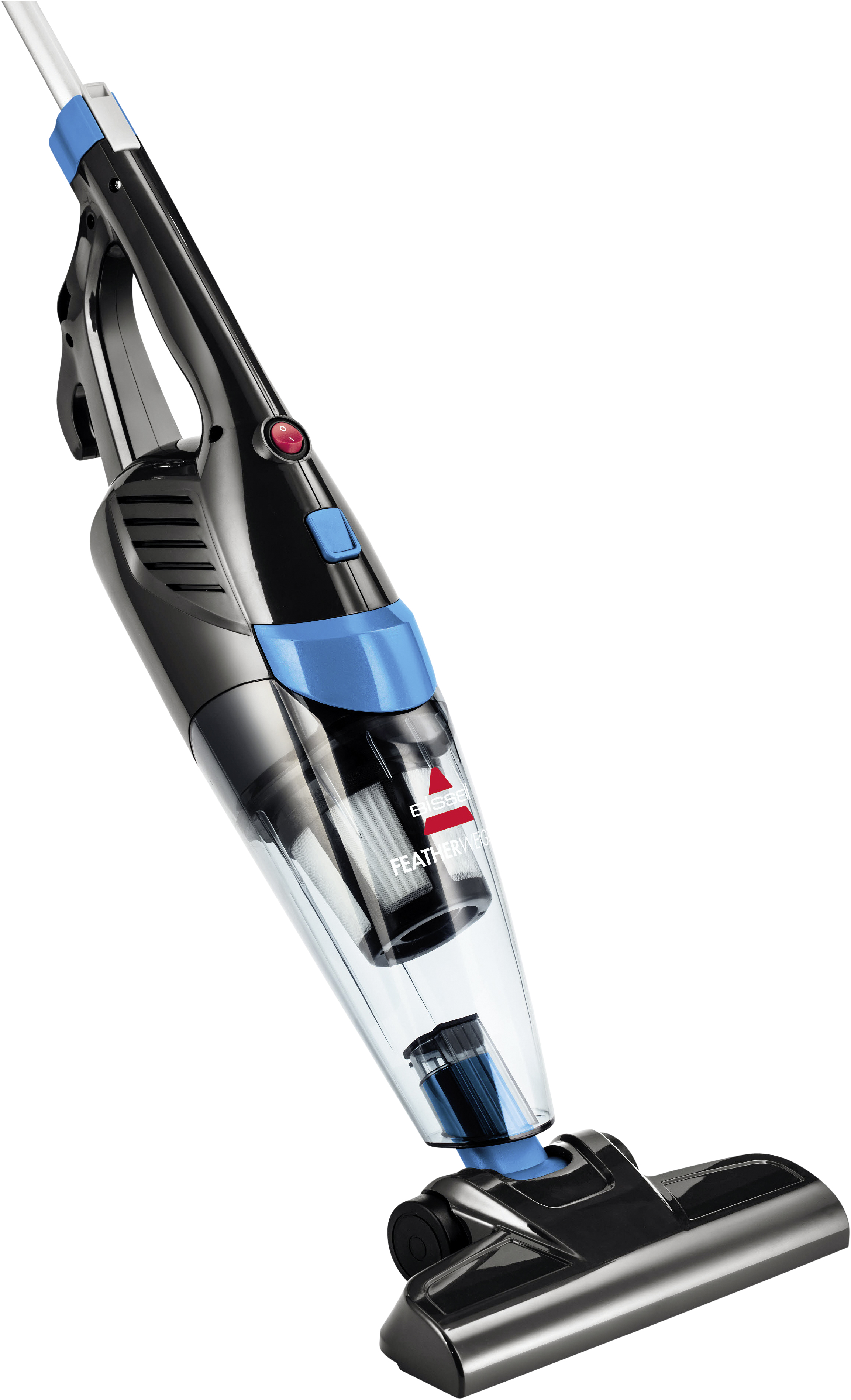 Ein schwarz-blauer Bissell Featherweight Staubsauger mit durchsichtigem Staubbehälter.