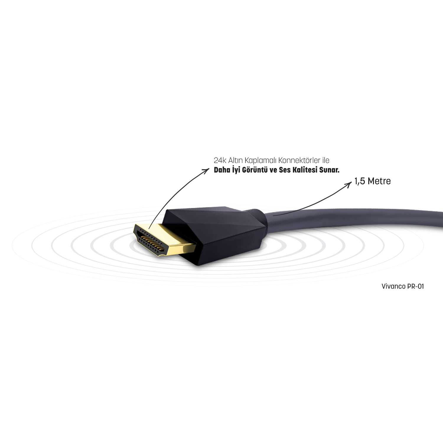 Altın kaplamalı konektörlere sahip siyah HDMI kablosu. Metin, 1,5 metre uzunluğunda olduğunu ve daha iyi görüntü/ses kalitesi sağladığını gösteriyor.