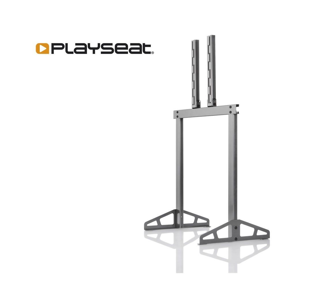 Un soporte Playseat plateado para una configuración de juegos, con espacio vacío para una pantalla.