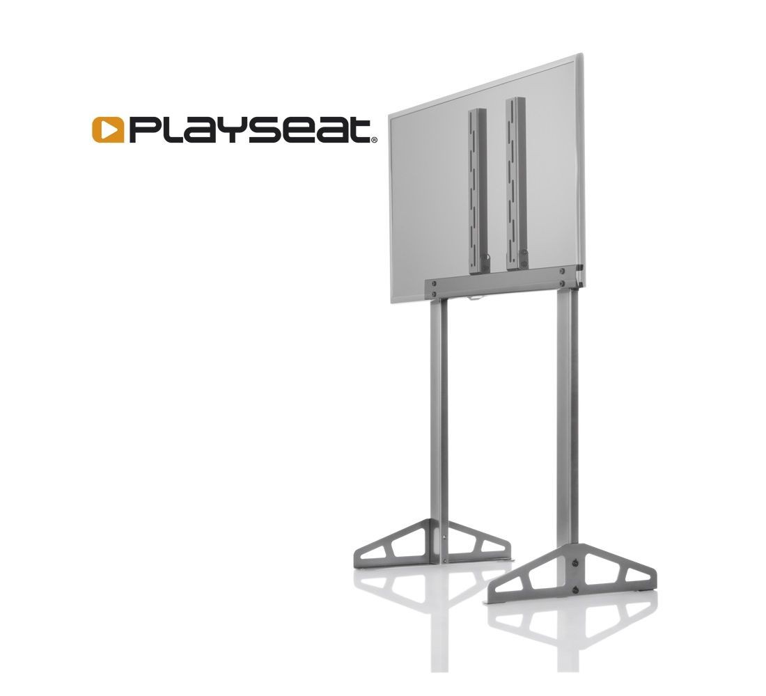 Un soporte de exhibición blanco. Tiene una pantalla blanca en la parte trasera, un marco plateado y una base con dos pies.