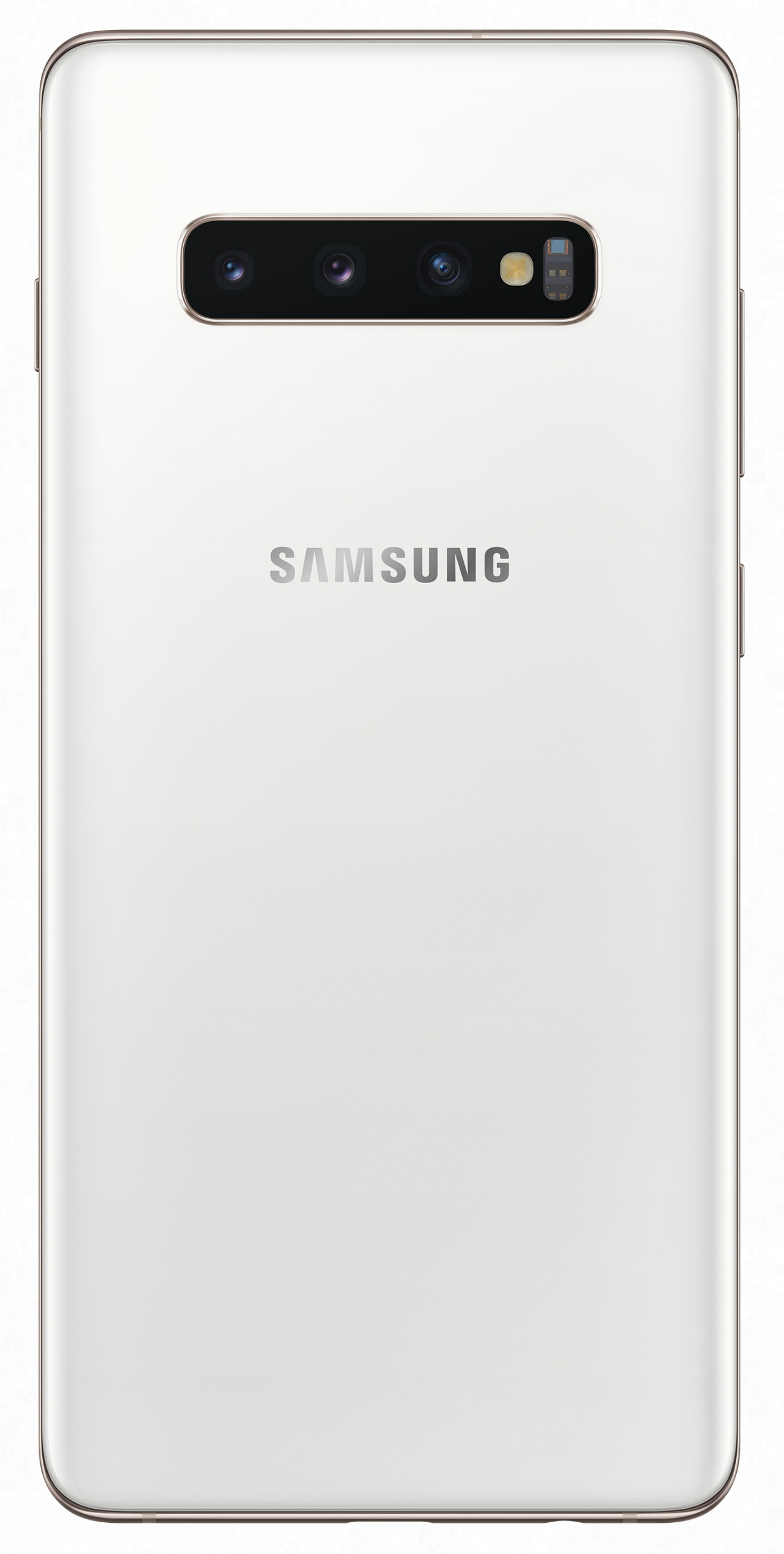 Parte trasera de un teléfono Samsung blanco. Tiene tres cámaras y el logotipo de Samsung.