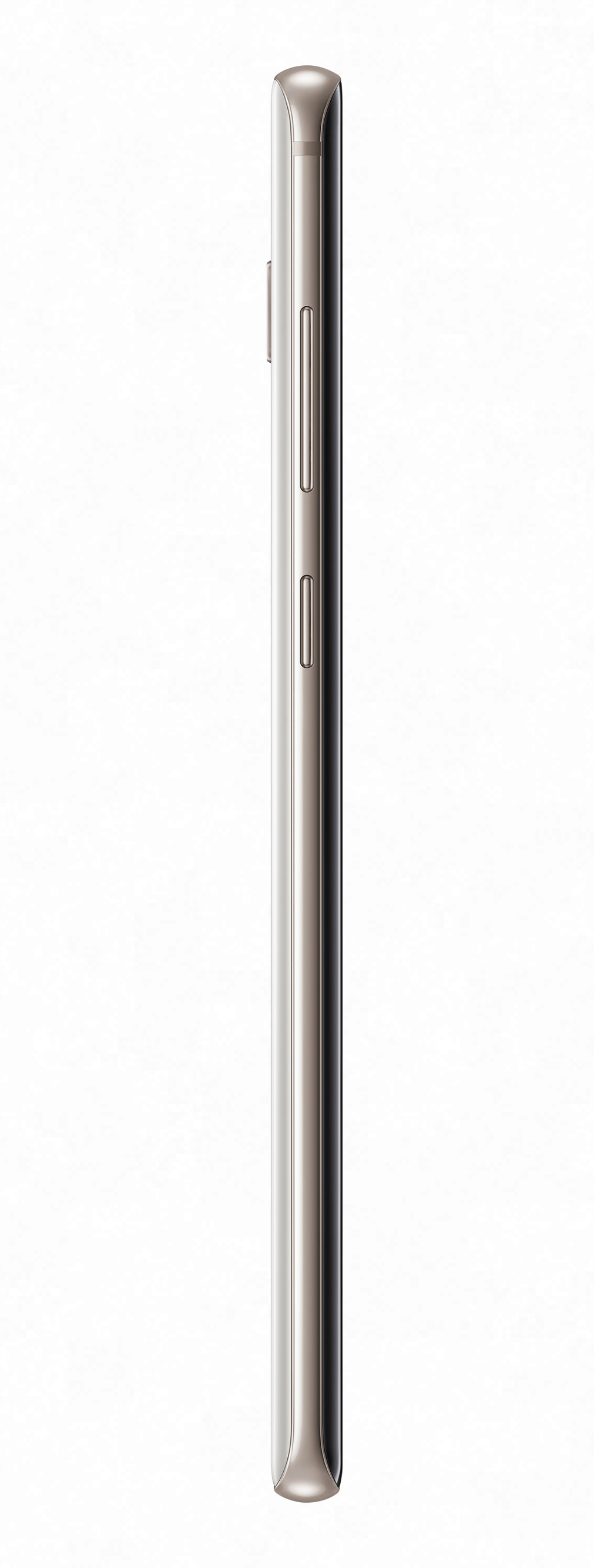 Vista de perfil de un teléfono inteligente plateado y delgado, que muestra los botones laterales y un diseño elegante.