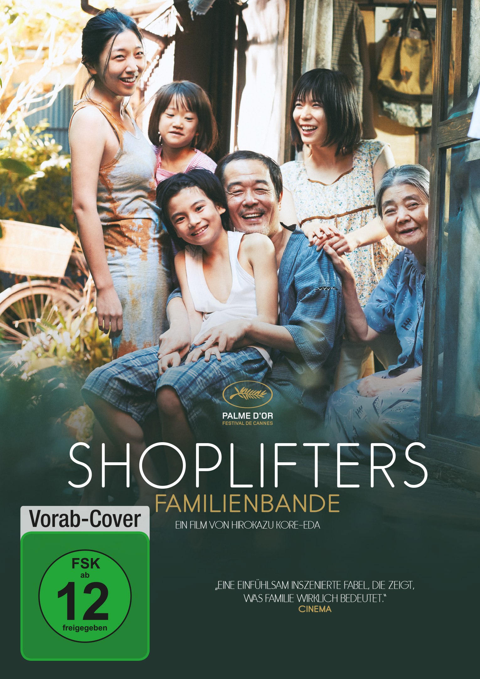 Filmposter. Familie, Titel 'Shoplifters' und Filminformationen.