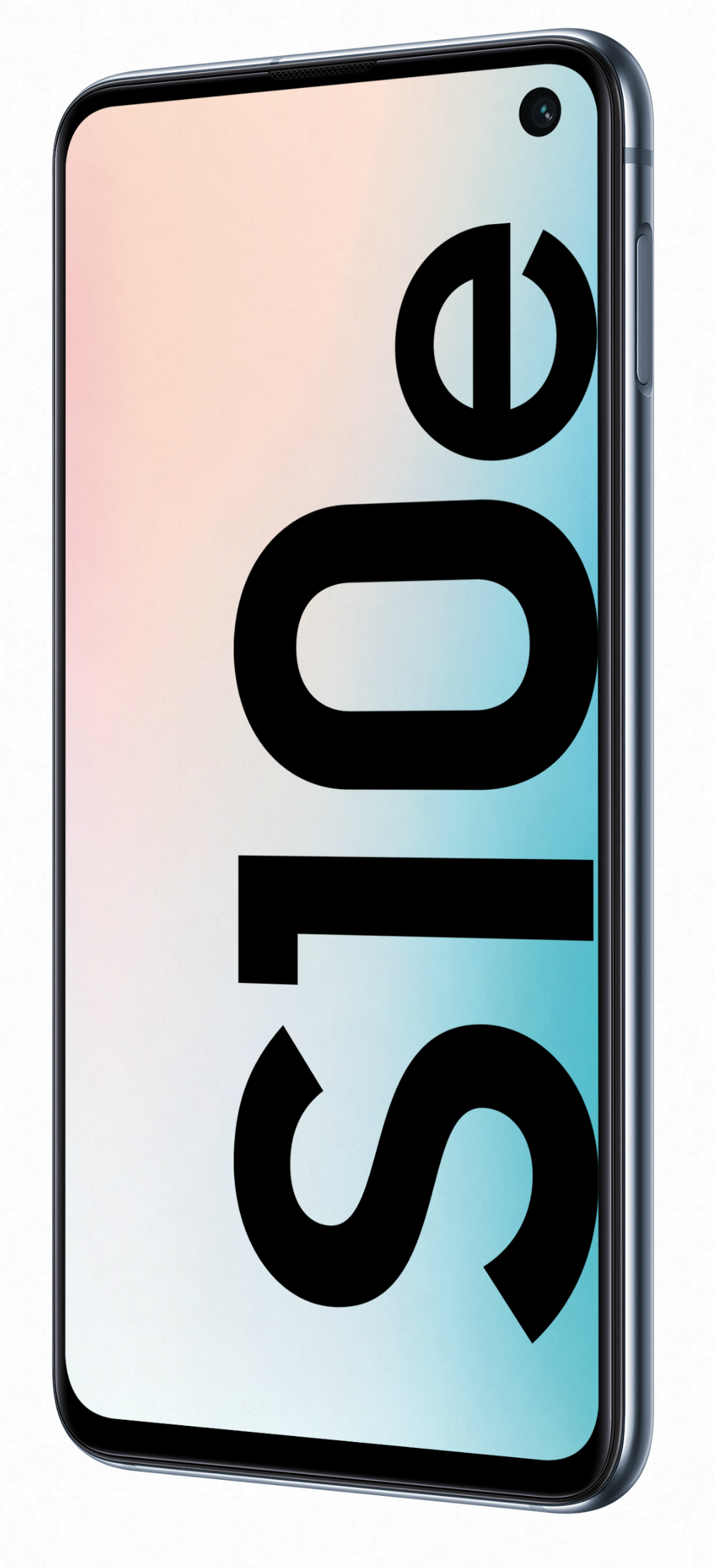 Teléfono Samsung S10: Teléfono azul, vista lateral, texto 'S10' grande en la pantalla. Gradiente de colores.