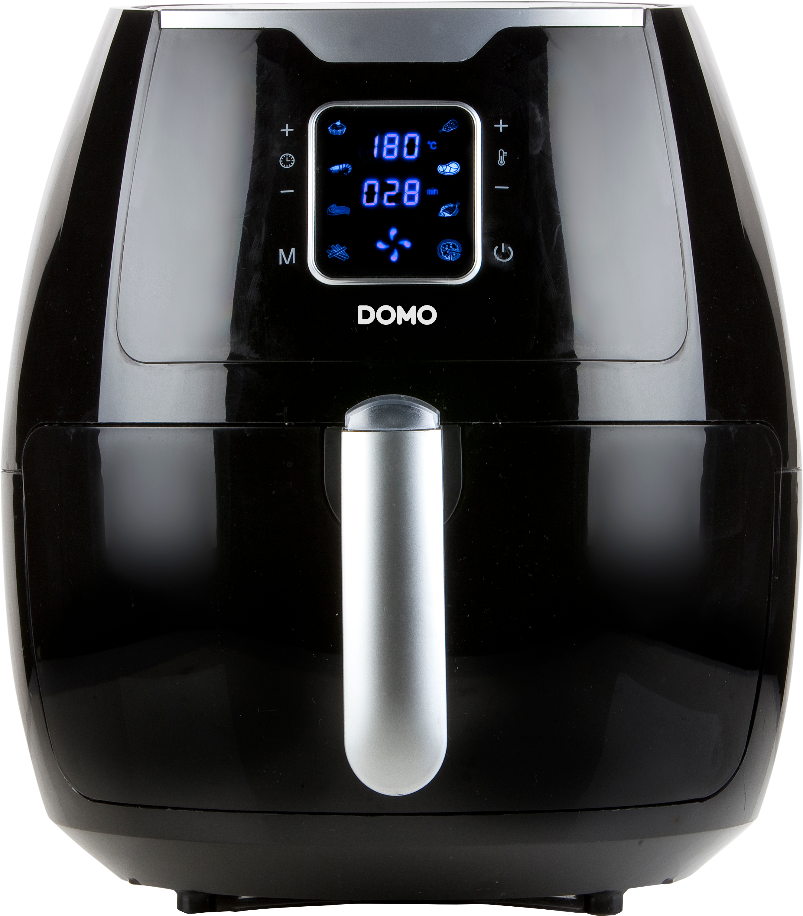 Friteuse à air noire avec une poignée argentée et un affichage numérique. L'écran affiche les réglages de température et de minuterie.