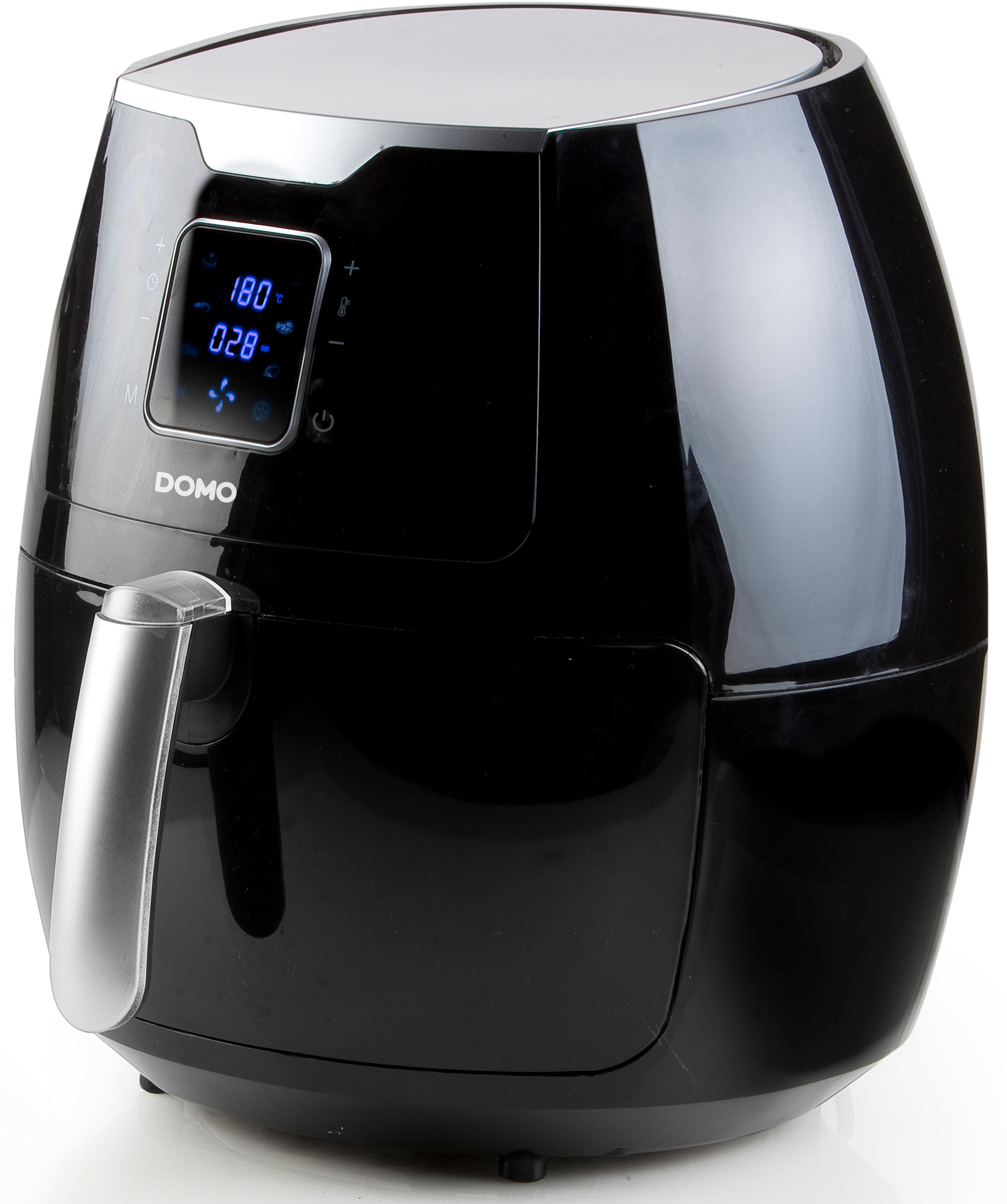 Friteuse à air noire avec poignée argentée et écran.