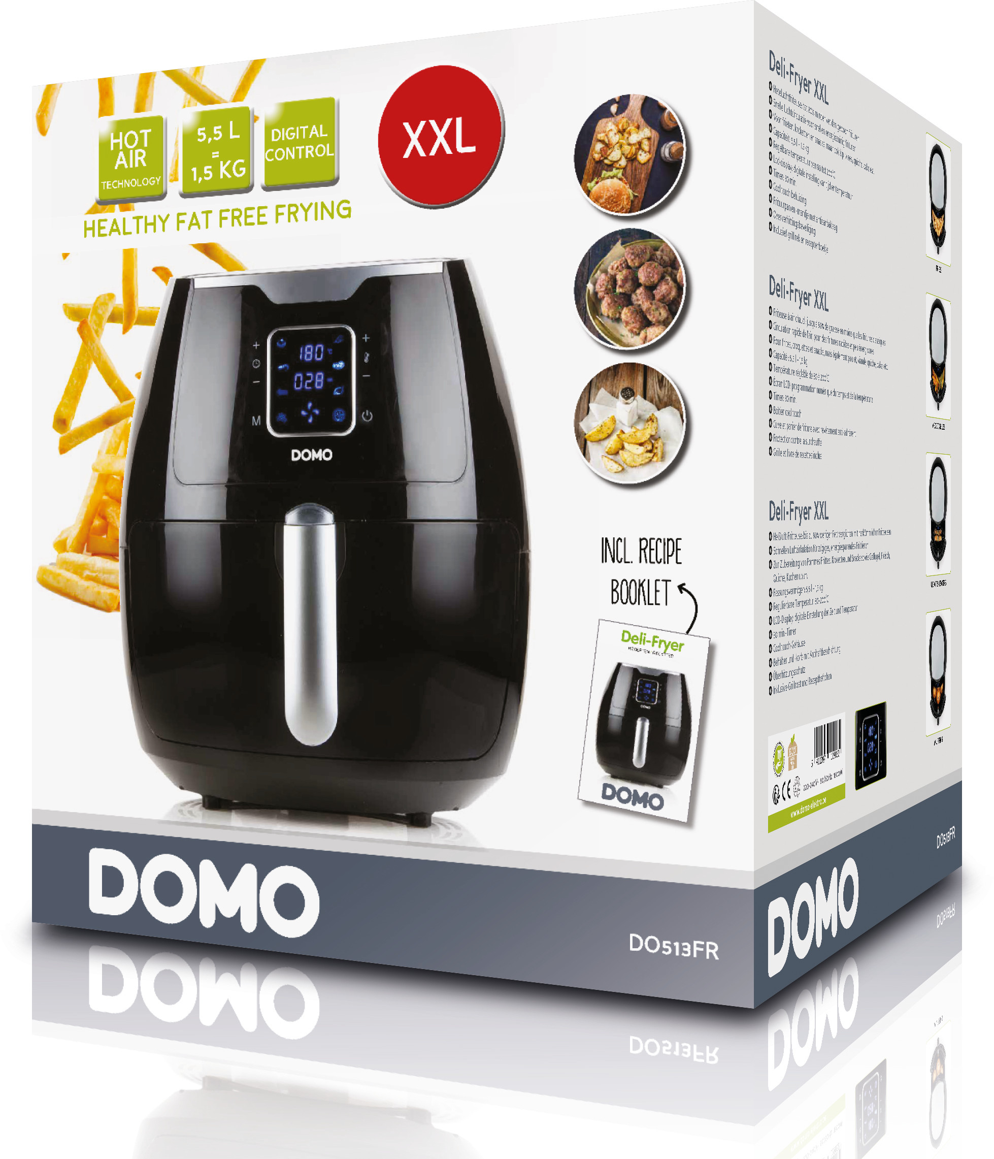 Friteuse à air noire, avec écran numérique et la boîte. Fond blanc.