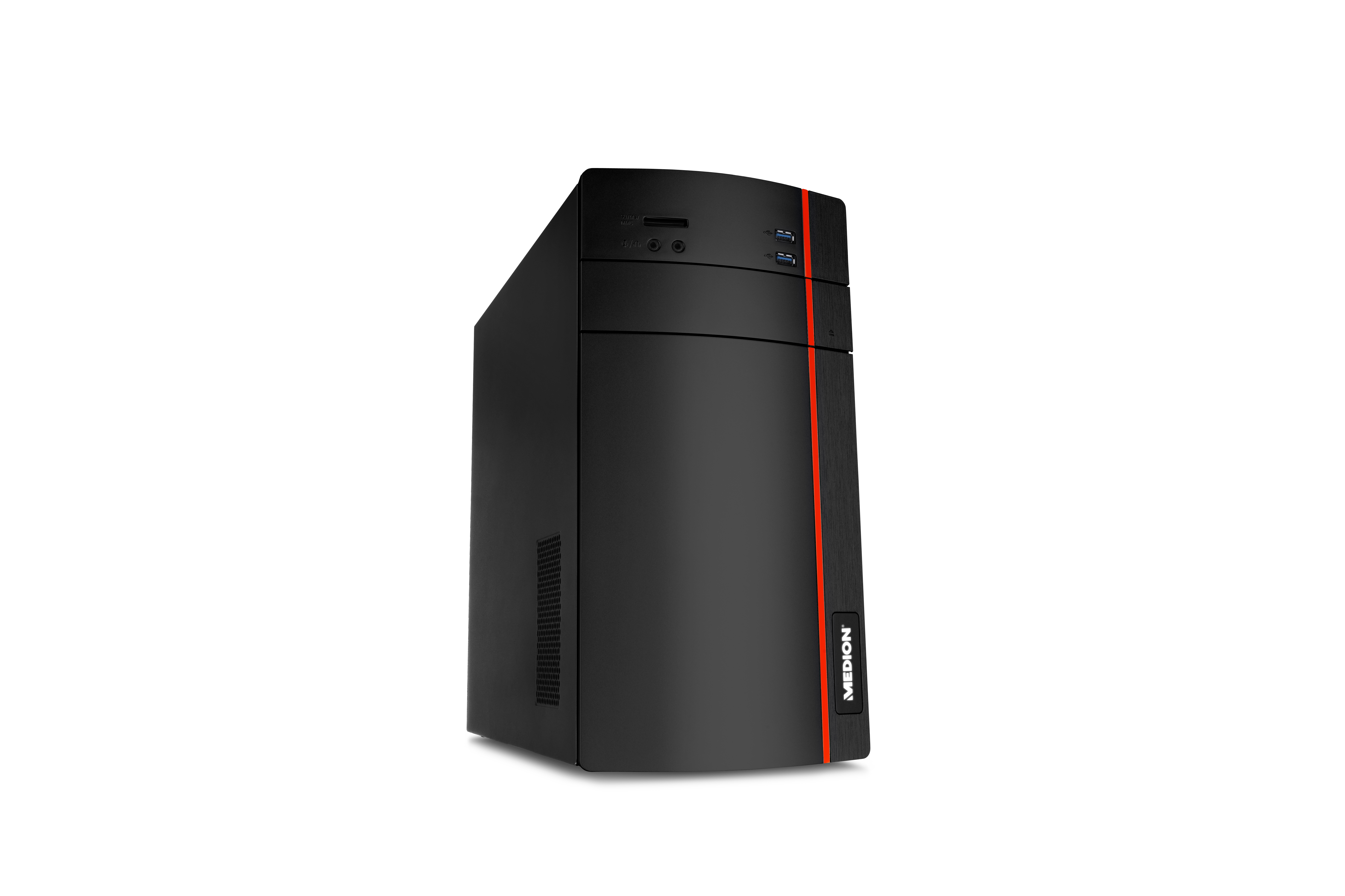 Schwarzer Medion Desktop-Computer mit rotem Streifen auf der Vorderseite.