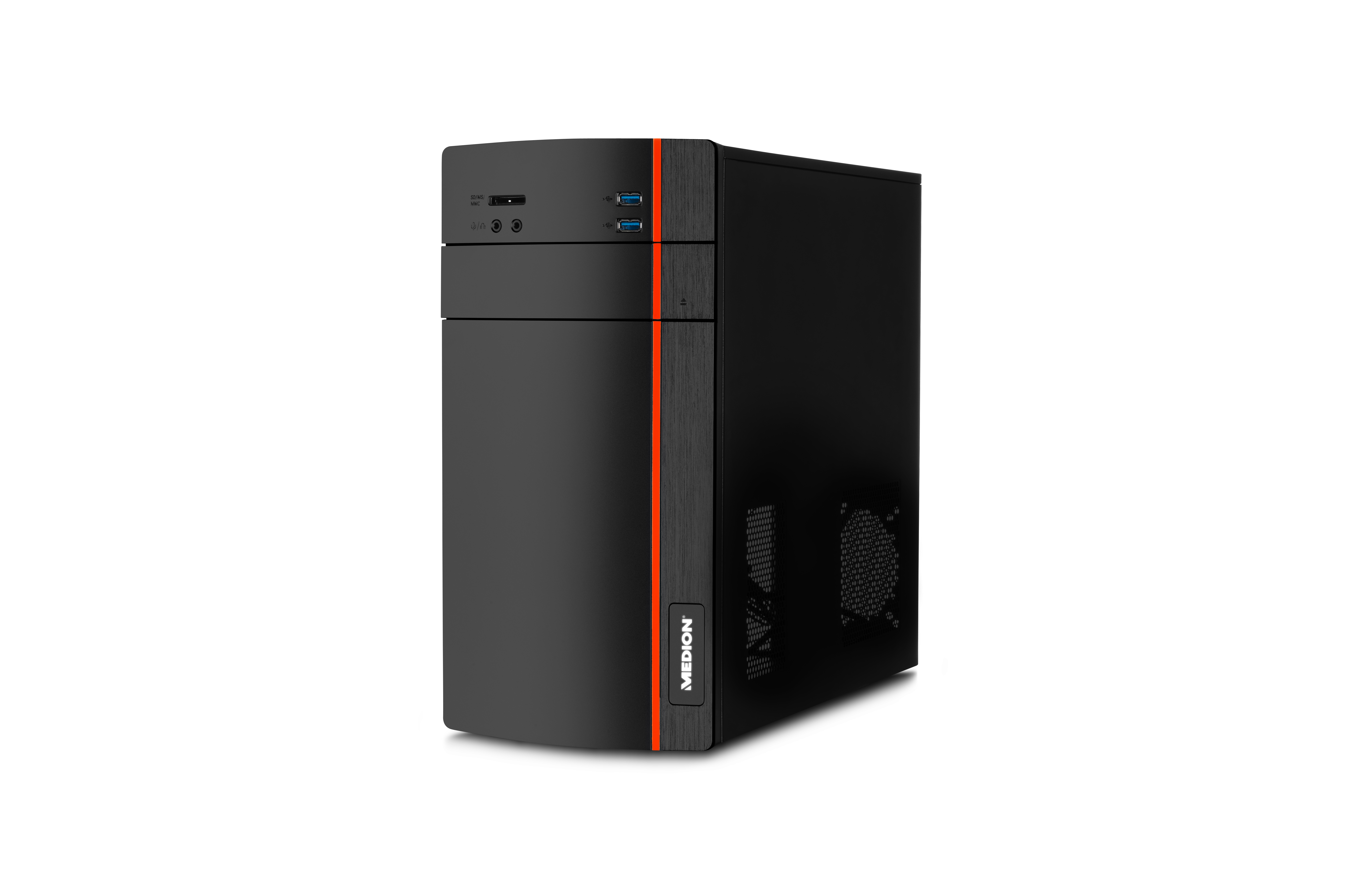 Schwarzer Medion Desktop-Computer. Er hat einen roten Streifen und einen silbernen Boden. Weißer Hintergrund.