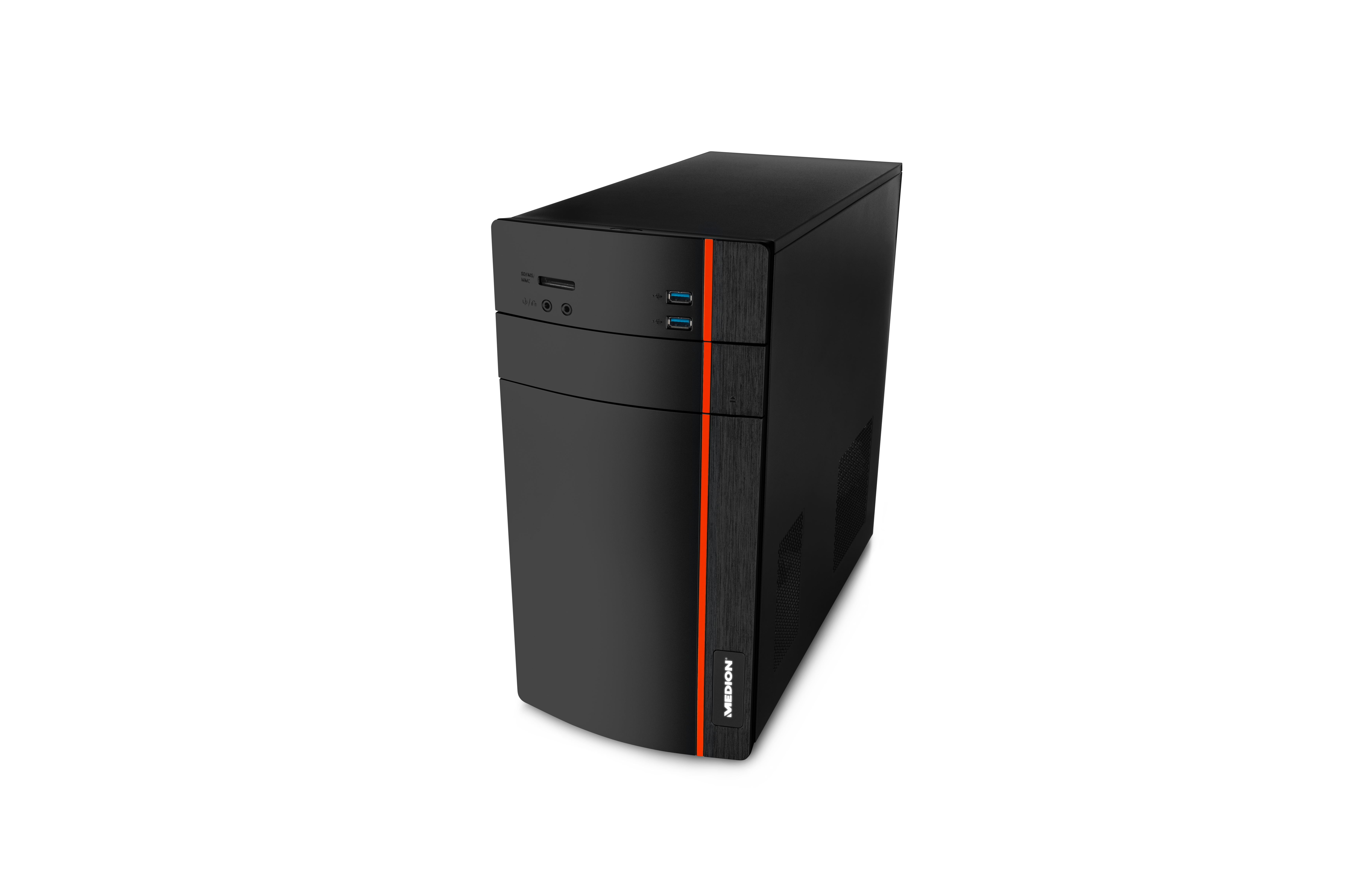 Schwarzer Medion-Desktop-Computer mit rotem Zierstreifen auf der Vorderseite.
