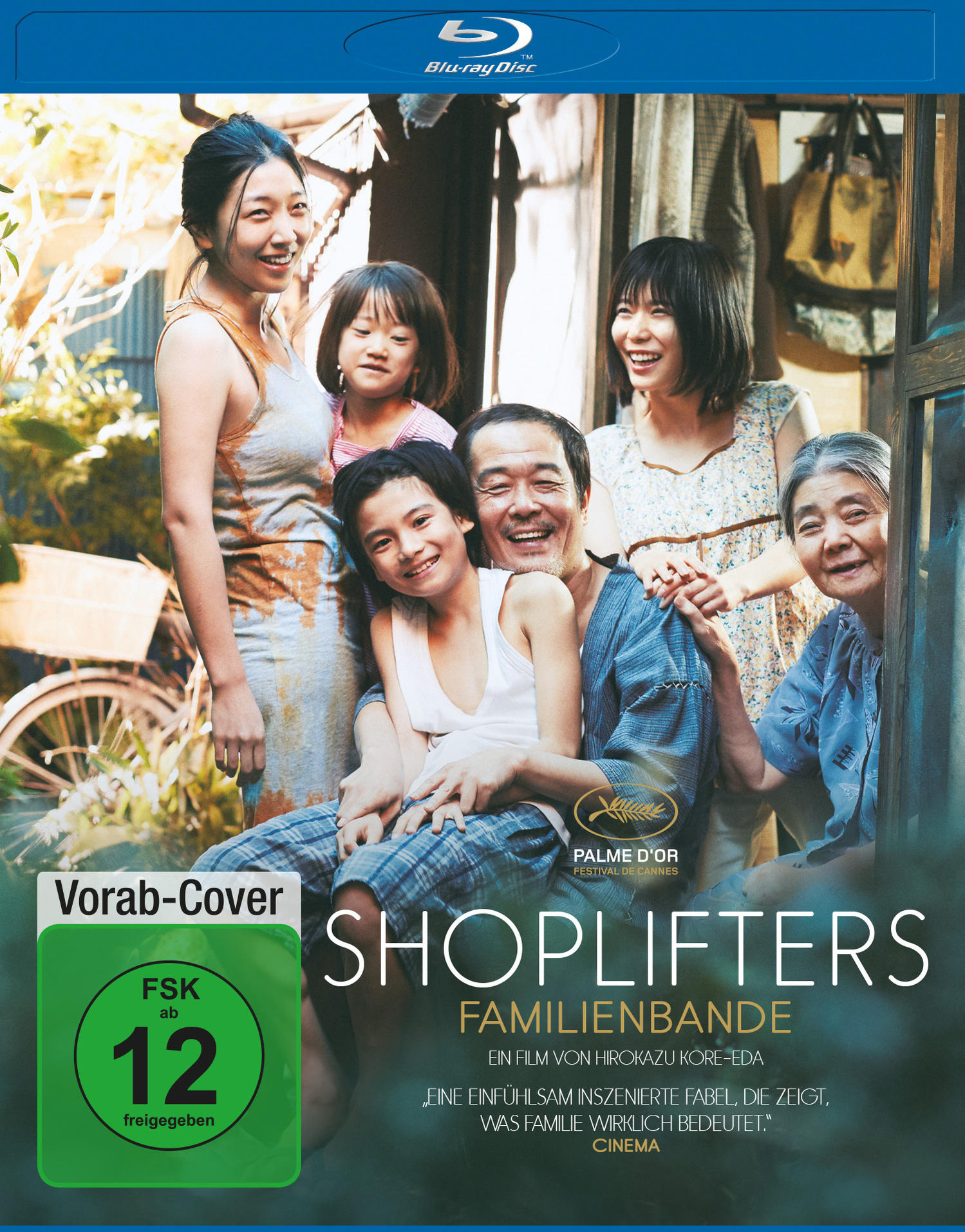 Filmcover von Shoplifters, mit Familienporträt und japanischem Text.