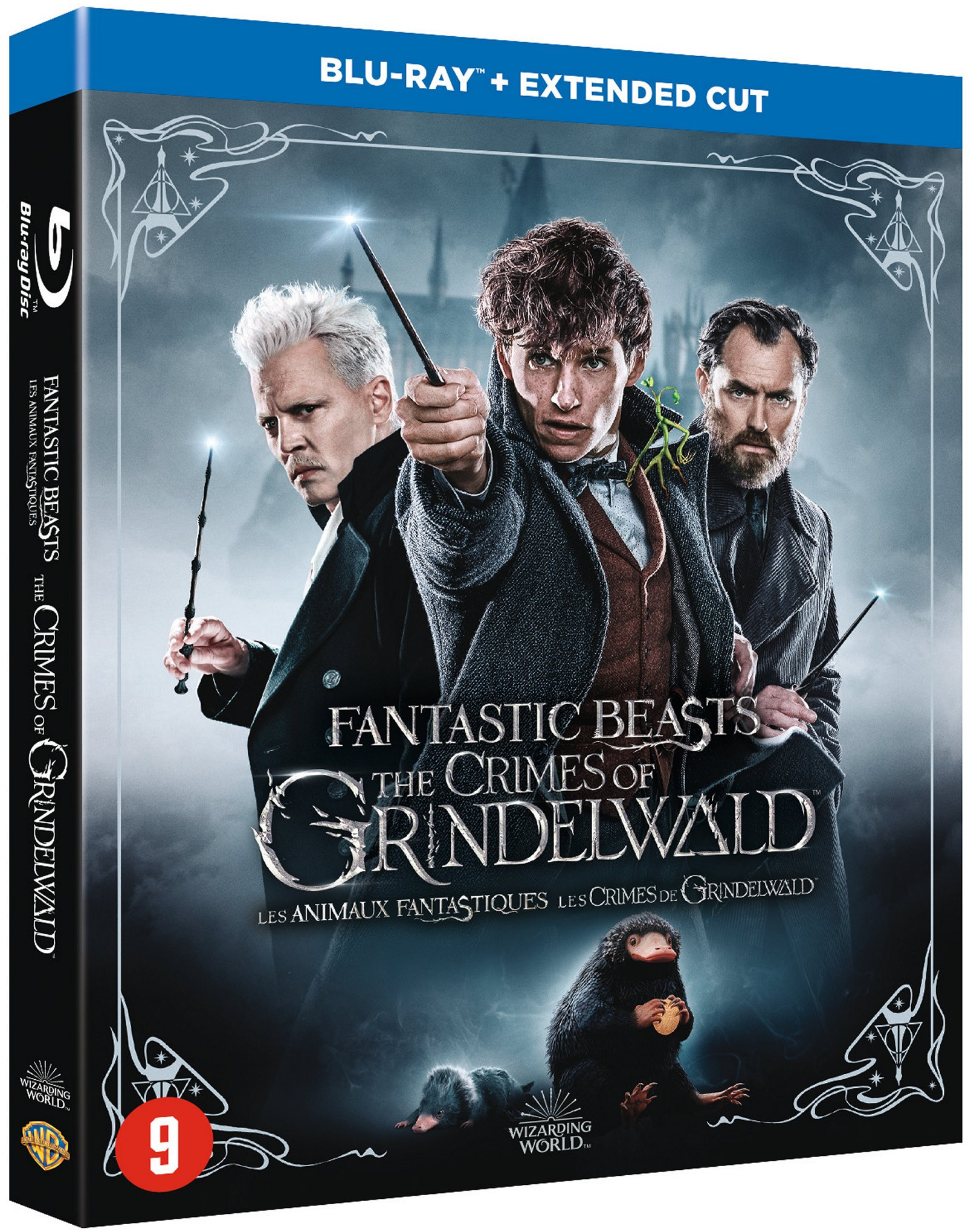 Blu-ray-cover voor Fantastic Beasts: The Crimes of Grindelwald, met karakterafbeeldingen.