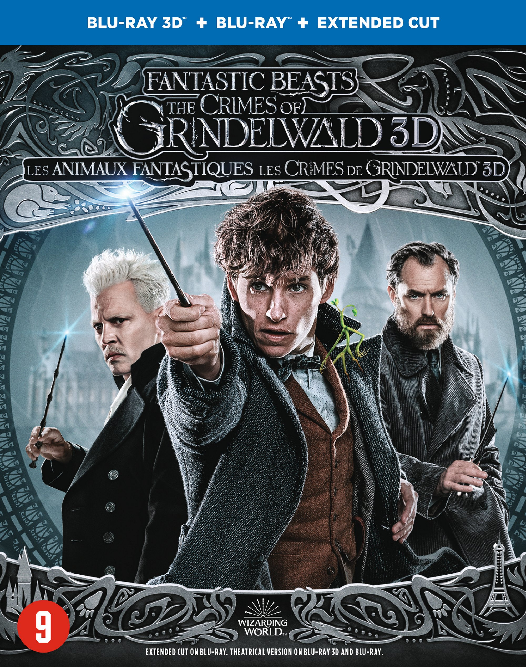 De cover van 'Fantastic Beasts: The Crimes of Grindelwald' Blu-ray. Toont drie acteurs.