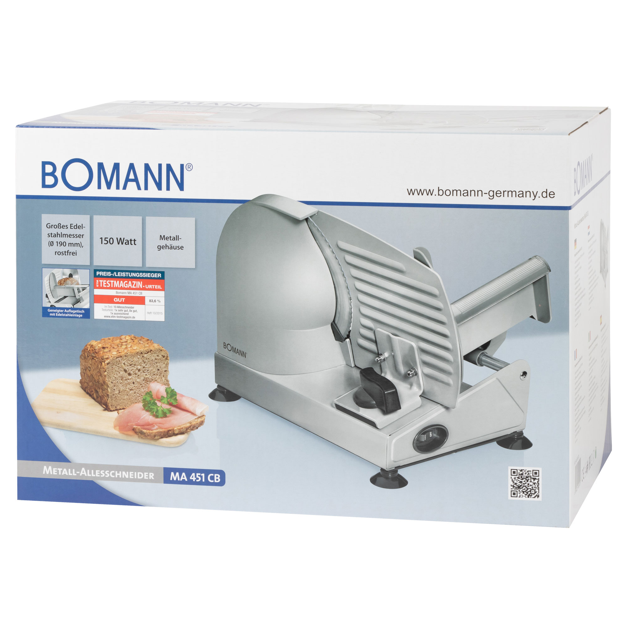 Bomann Metall-Lebensmittelschneider in einer Box. Er ist silberfarben mit einem Schneidmesser. Die Box zeigt Brot und Schinken.