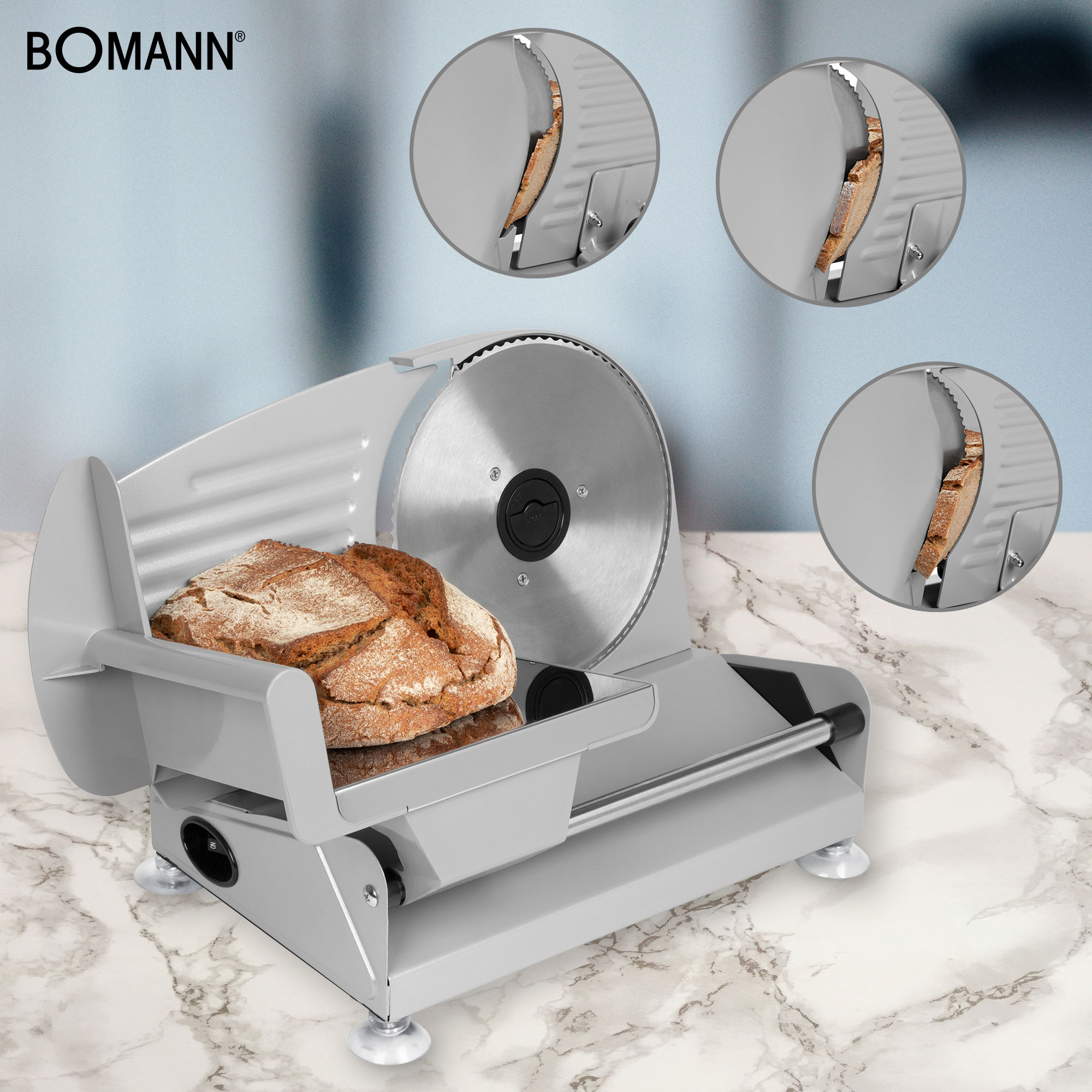 Brotschneidemaschine mit Brotlaib und drei Nahaufnahmen von Brotscheiben.