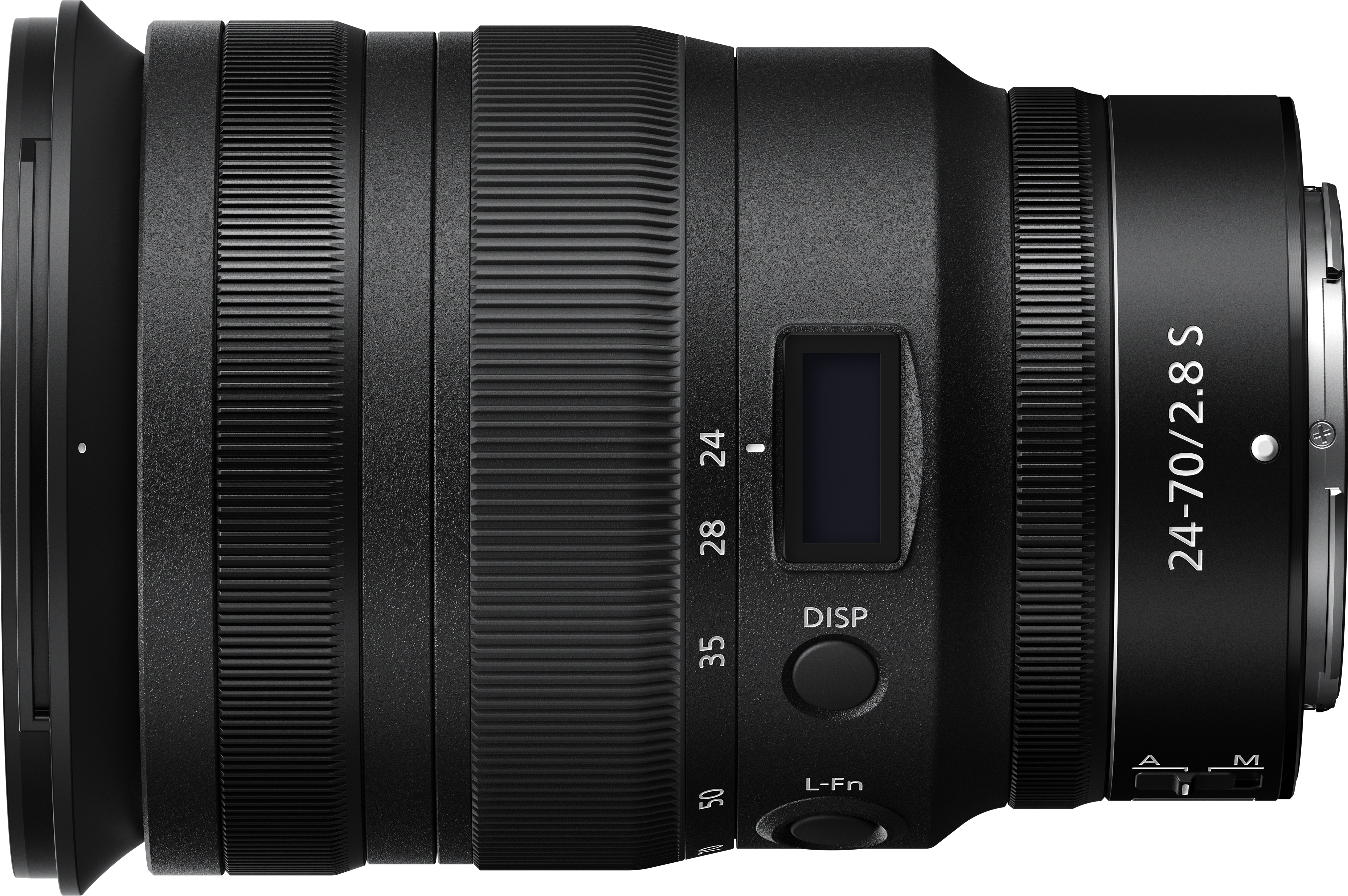 Un objectif d'appareil photo noir avec des bagues de mise au point et un écran. L'objectif est 24-70mm f/2.8 S.
