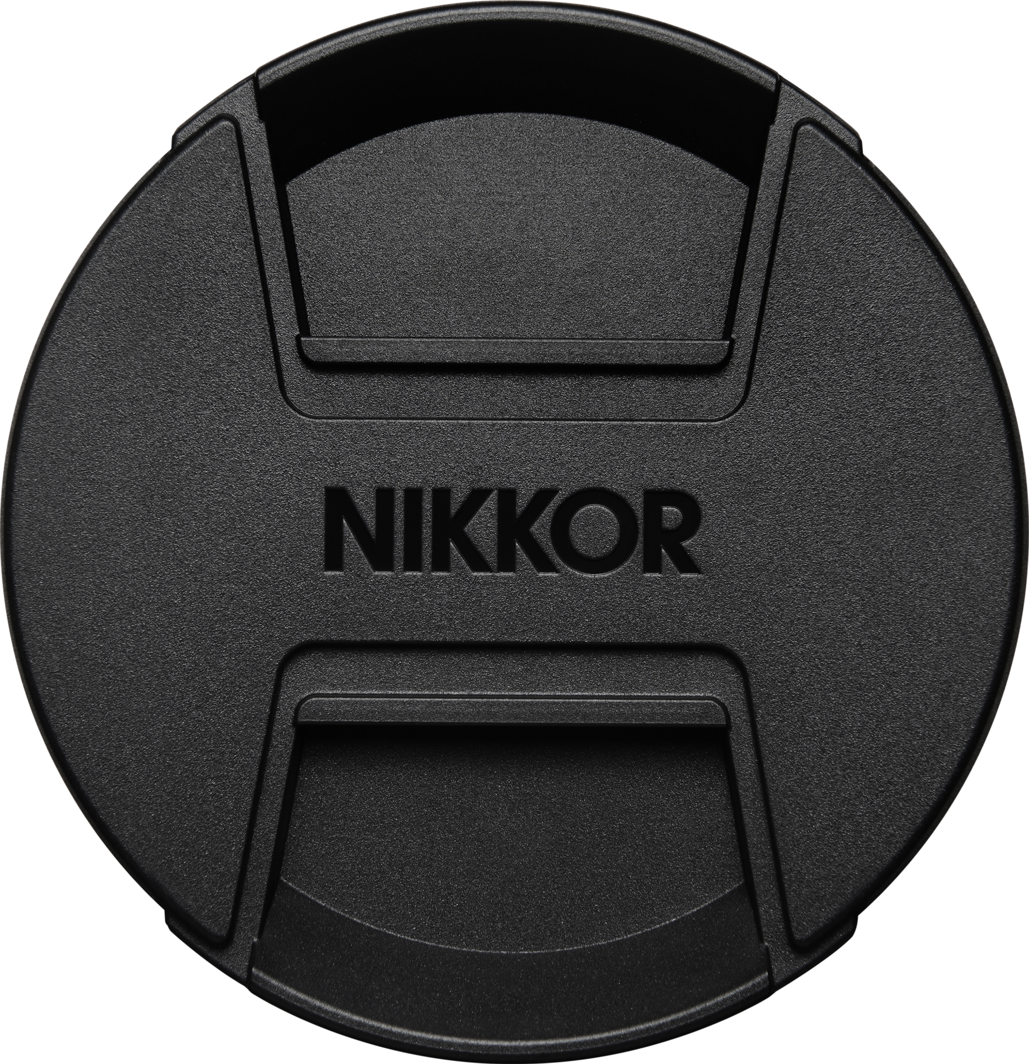 Bouchon d'objectif noir avec 'NIKKOR' en texte blanc. Rond, avec des rainures pour la prise. Isolé sur blanc.
