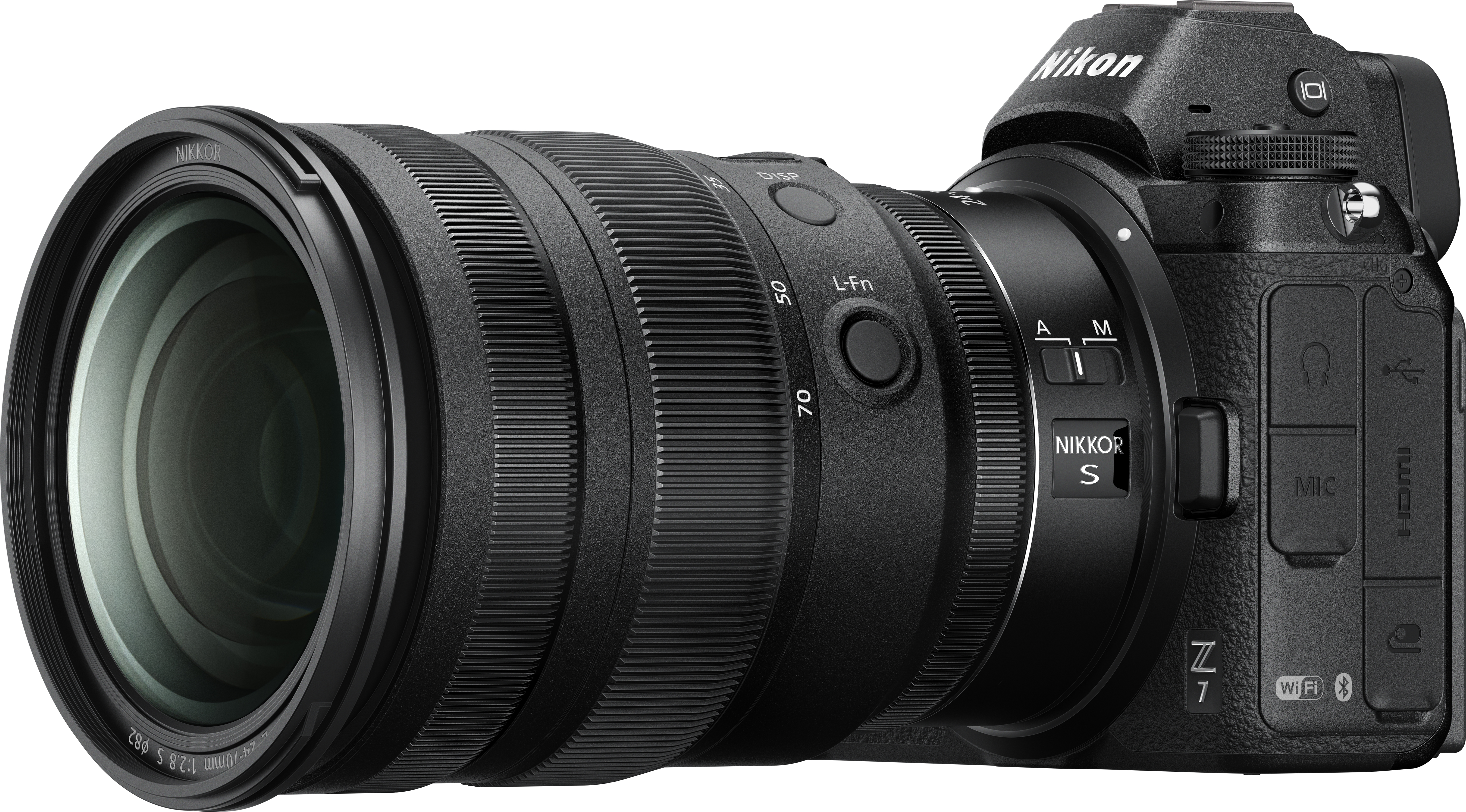 Un appareil photo noir avec un grand objectif, des boutons et la marque Nikon.