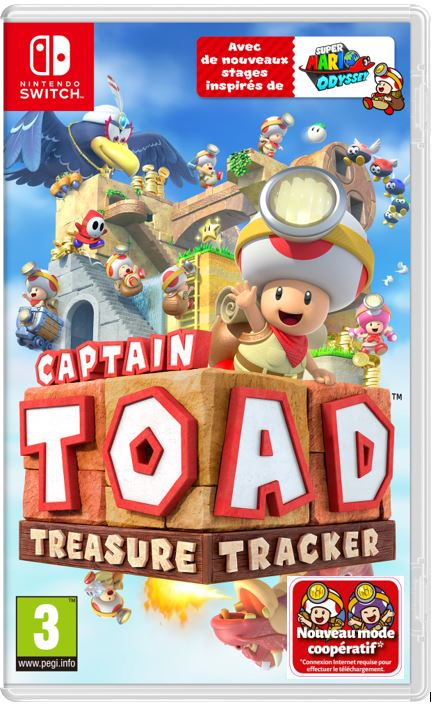 Een Nintendo Switch game case voor Captain Toad: Treasure Tracker. Graphics van karakters.