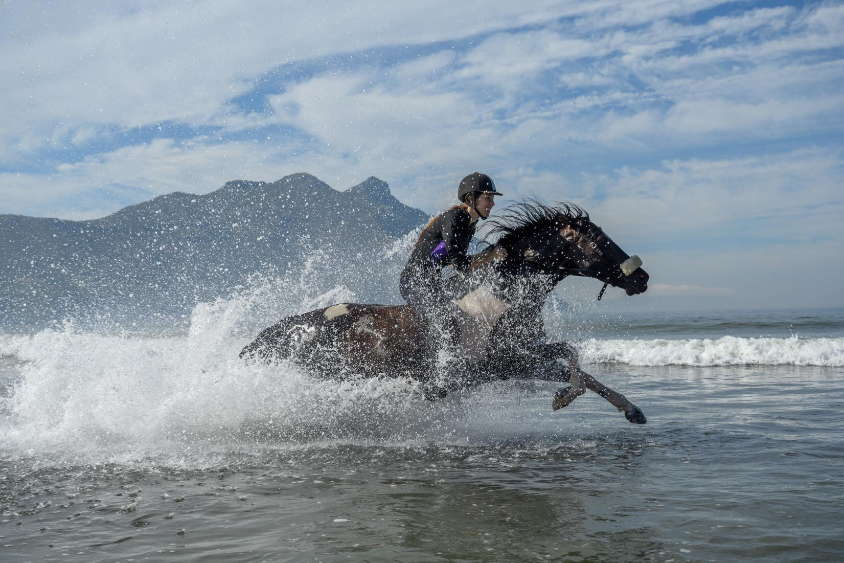 Une personne monte à cheval dans l'eau. Le cheval est marron et blanc, le cavalier en noir.