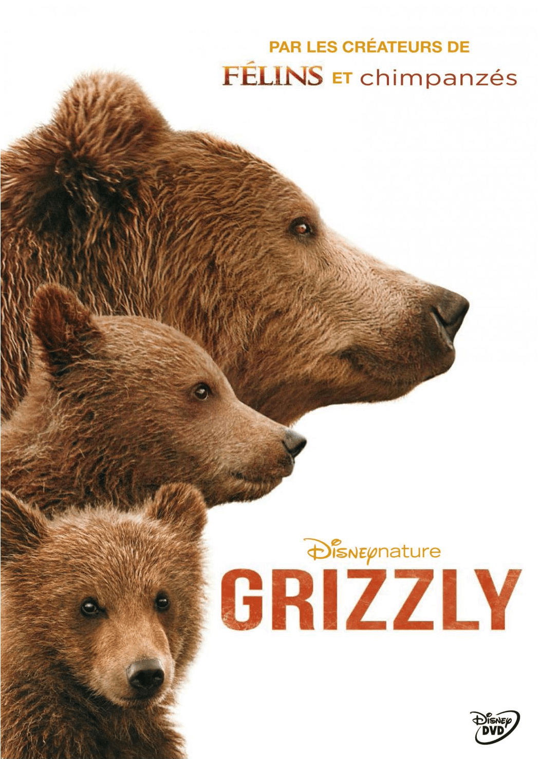 Affiche du film 'Grizzly' avec des ours, avec les logos DisneyNature et DVD.