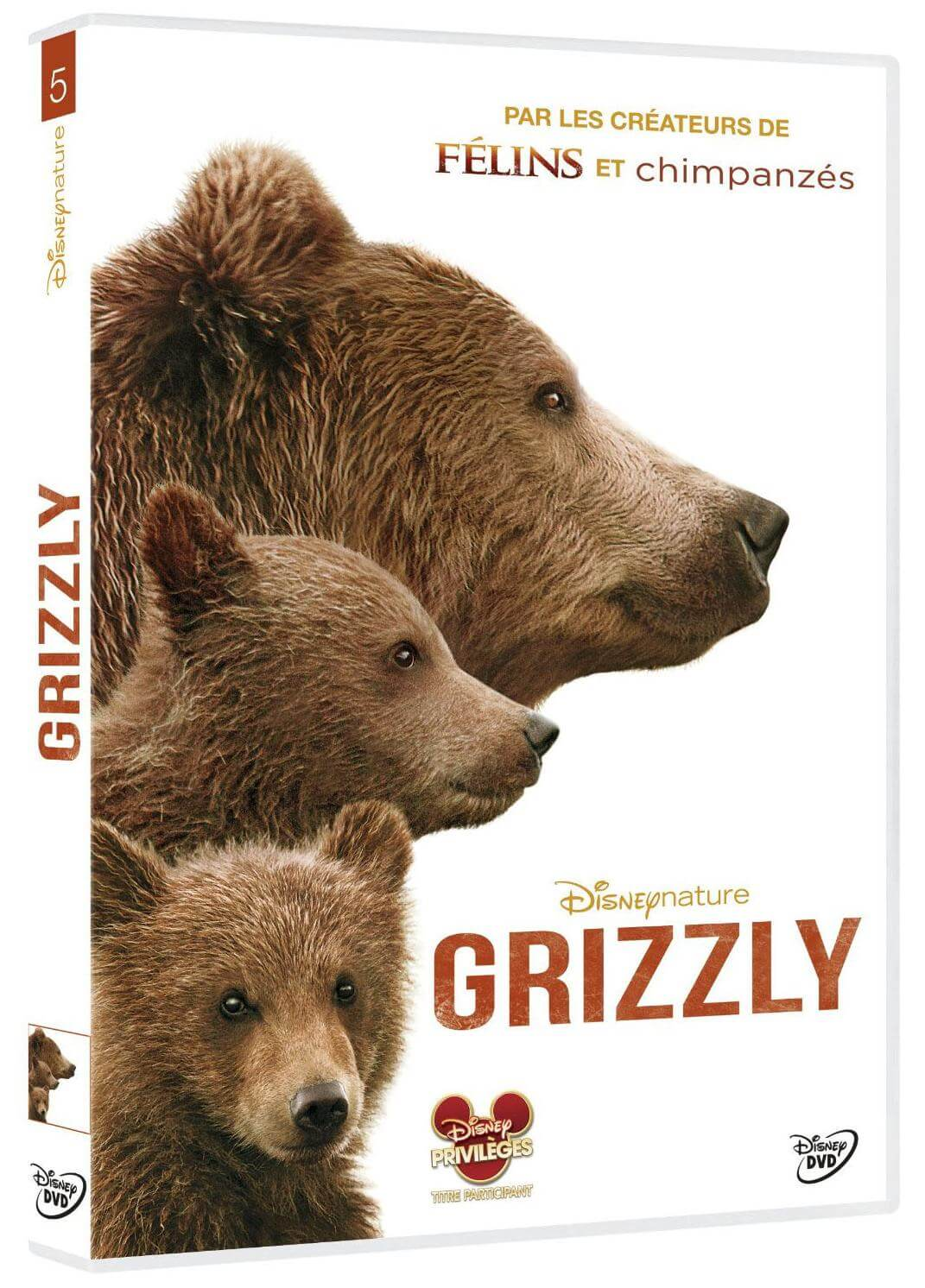 Couverture de DVD avec une famille d'ours : une mère ours et deux oursons. Le titre 'Grizzly' est visible.