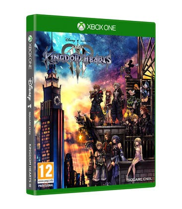 La portada de un juego de Xbox One, con personajes en un edificio, con el título "Kingdom Hearts III."