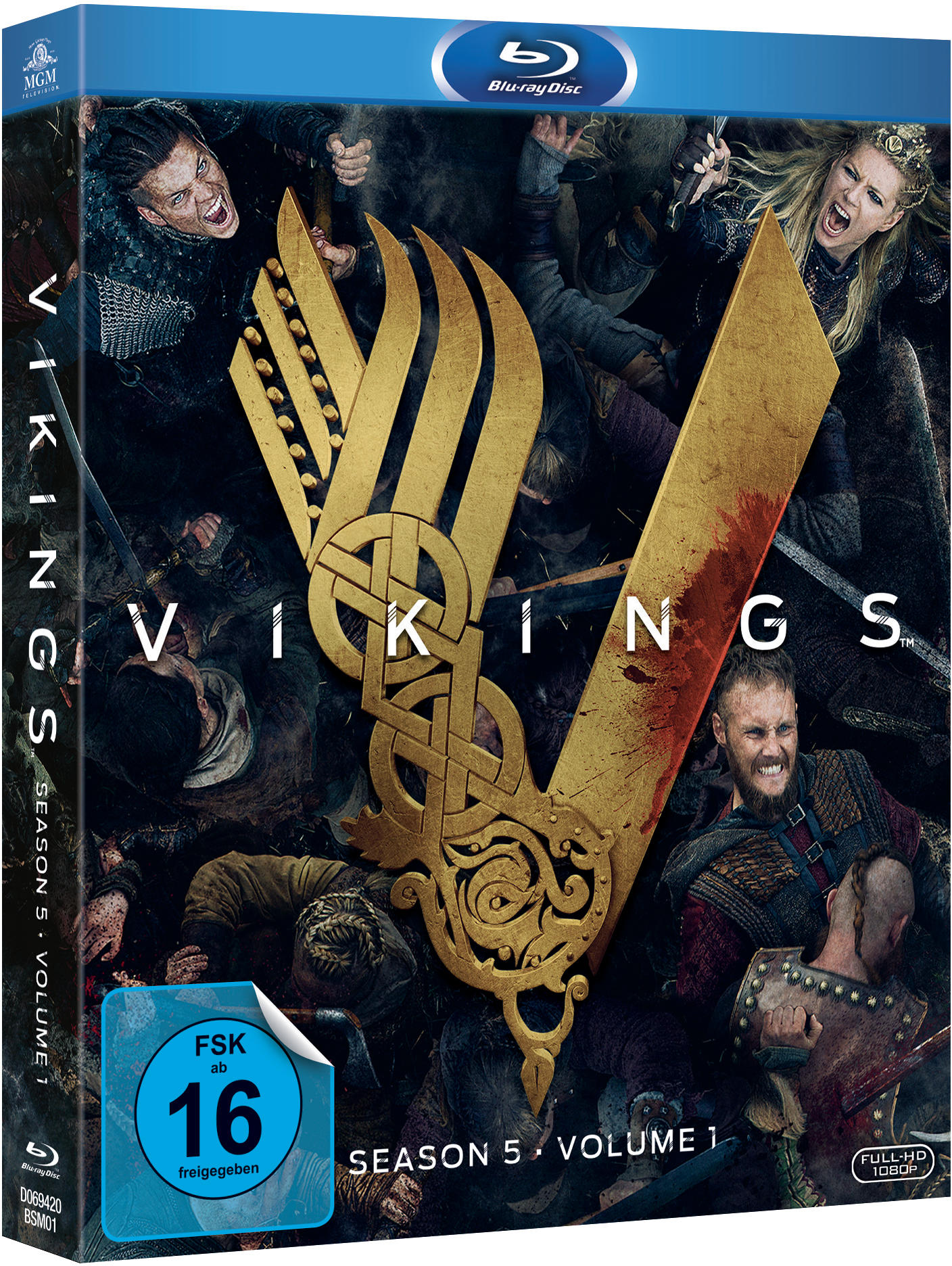 DVD-Box für Vikings Staffel 5 Volume 1. Bild von Wikingern im Kampf.