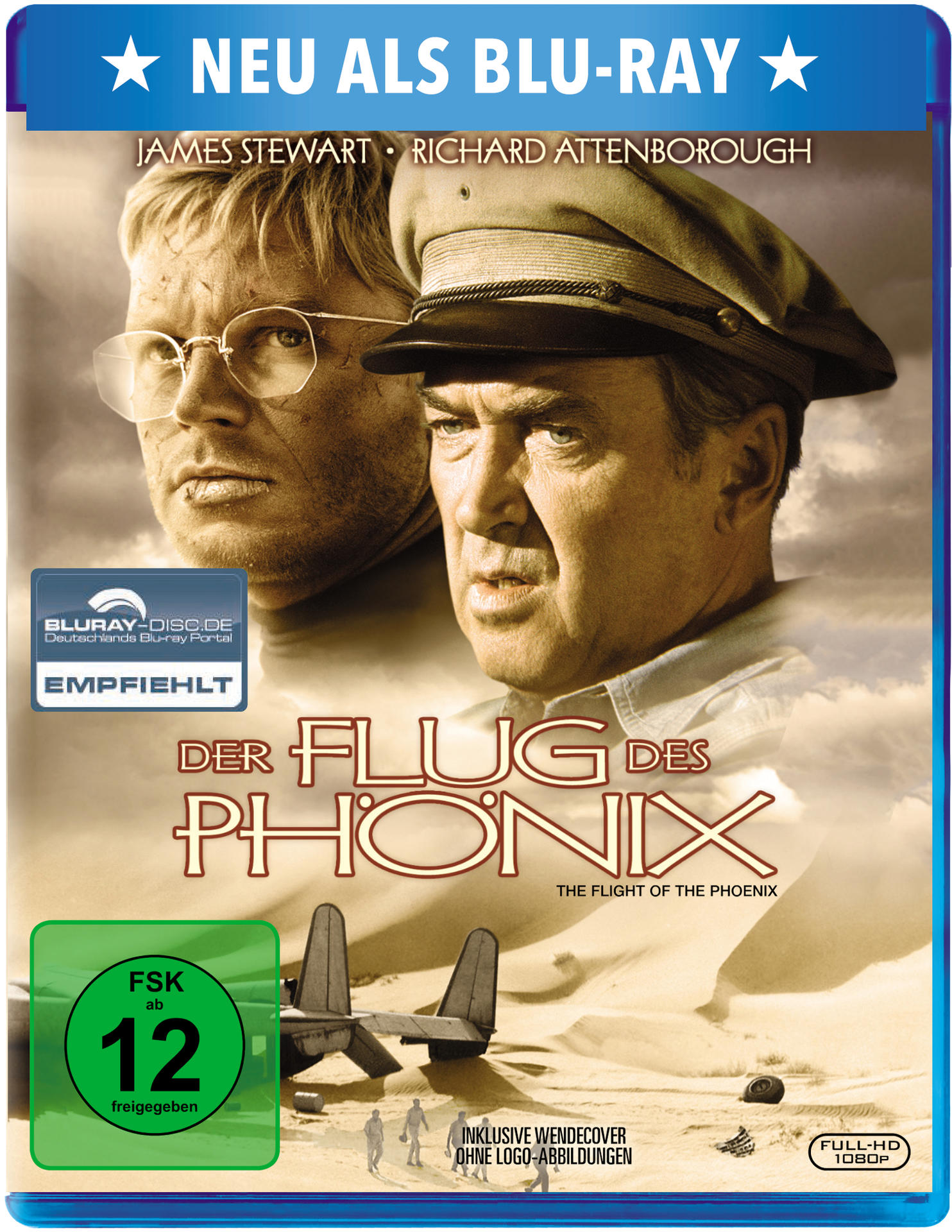 Filmposter: 'Der Flug des Phoenix'. Zwei Männer, Flugzeug und Wüste.