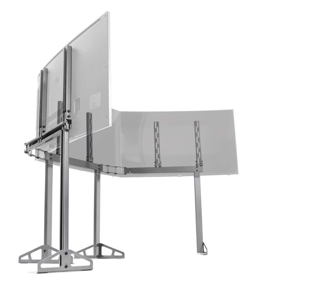 Un soporte de metal plateado para dos monitores, independiente sobre fondo blanco.