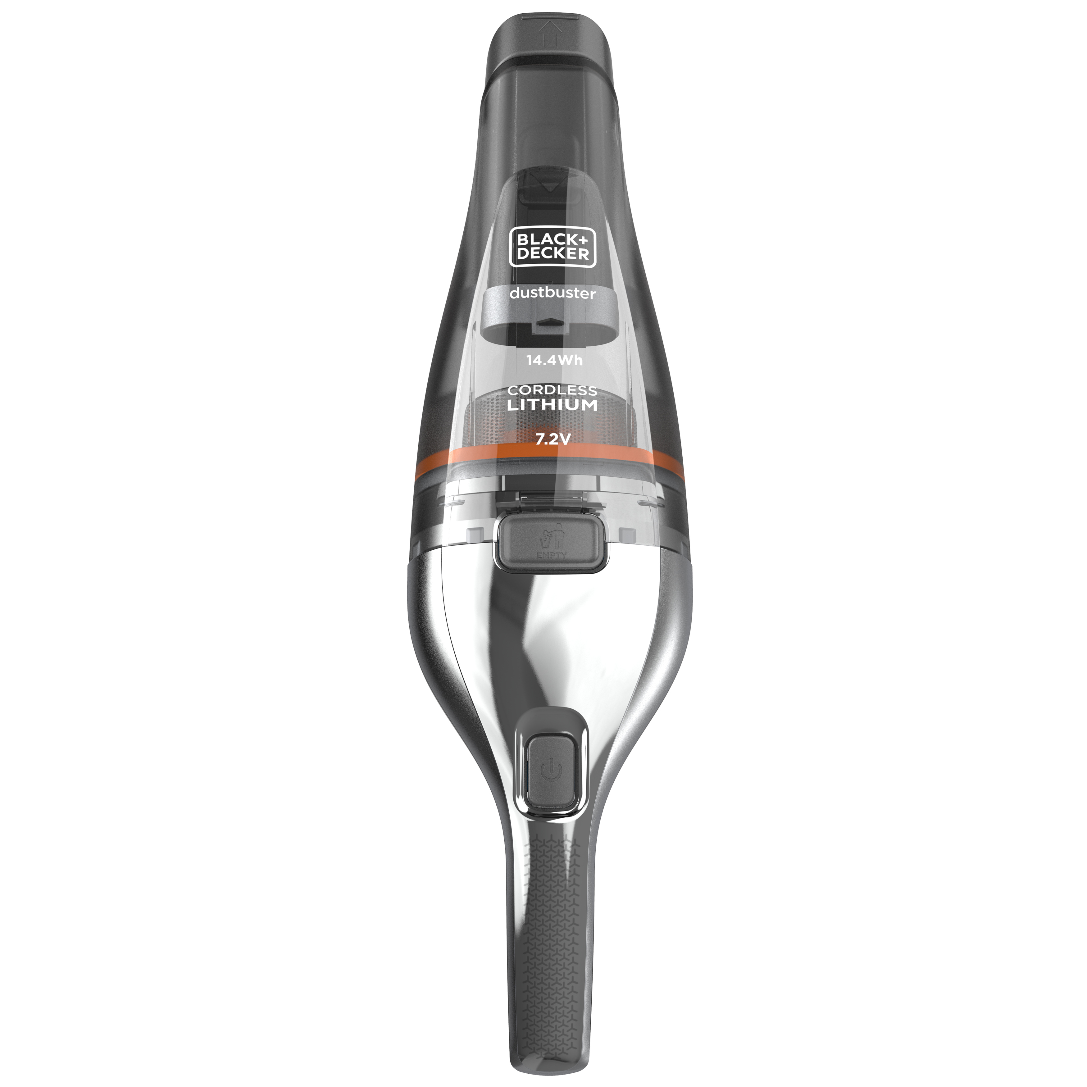 Schwarzer und silberner Black+Decker Dustbuster Handstaubsauger. Transparenter Staubbehälter, orangefarbener Akzent.