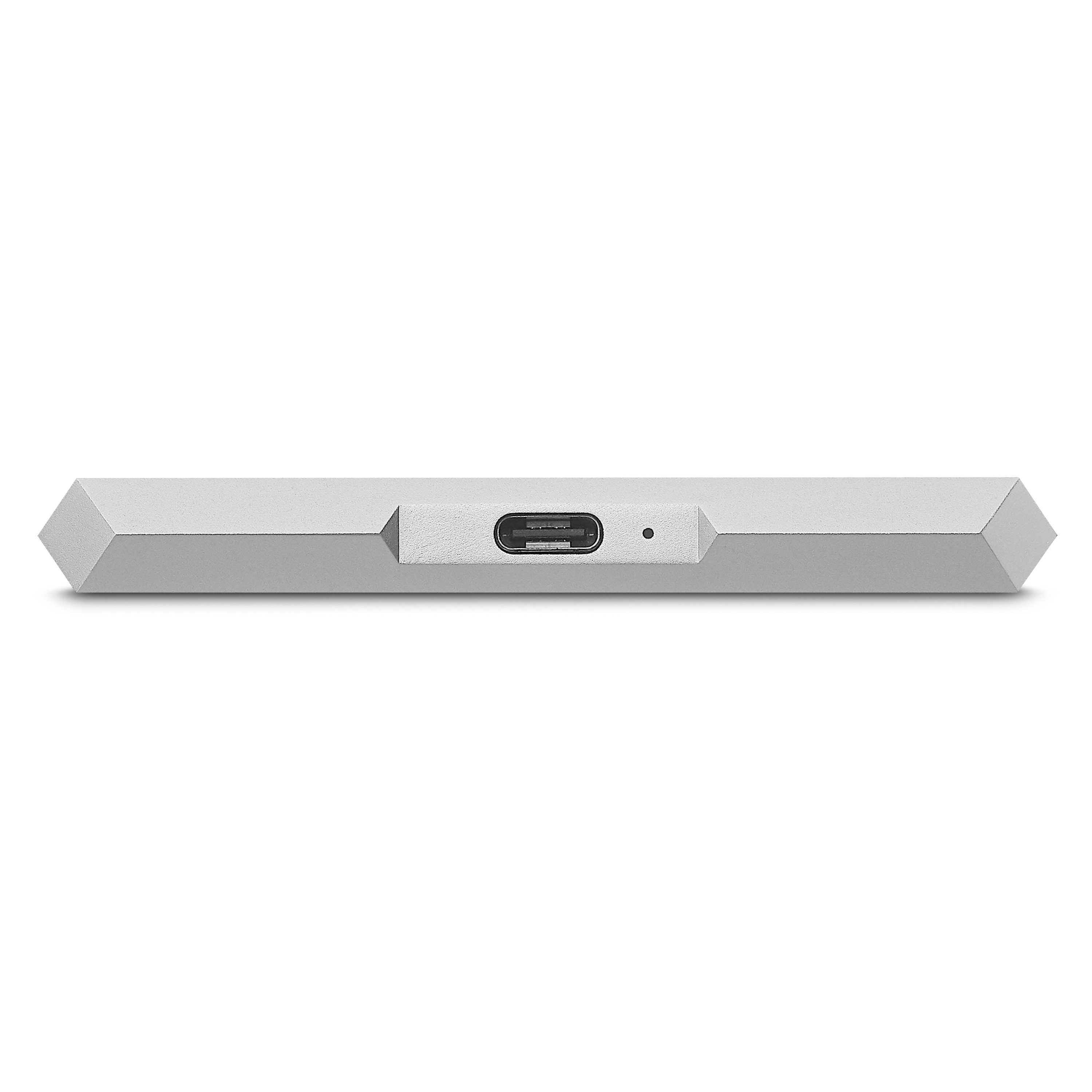 Eine silberne, rechteckige externe Festplatte mit USB-C-Anschluss.