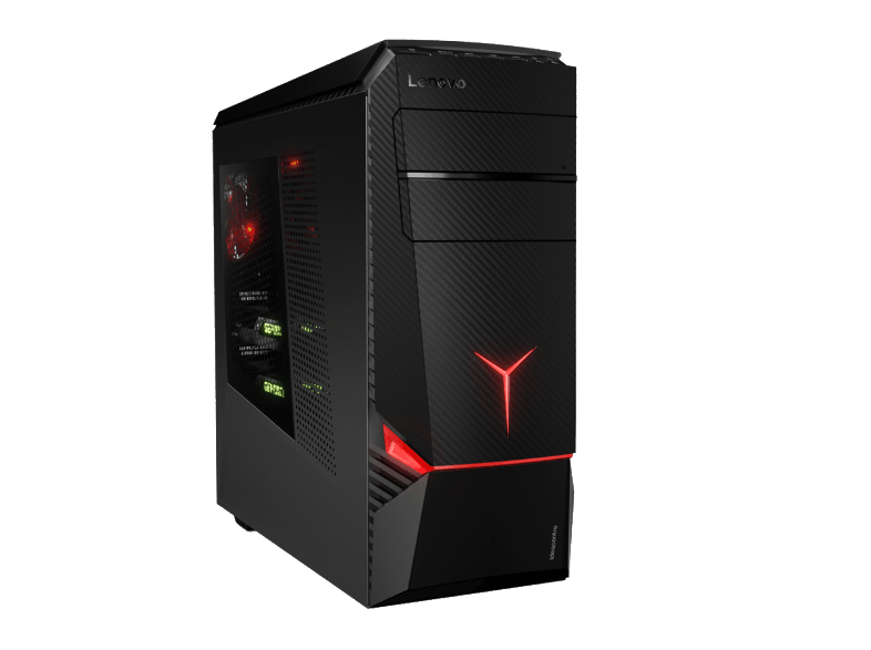 Torre de PC gaming Lenovo negra, detalles rojos, ventana lateral, vista frontal, aislado sobre blanco.