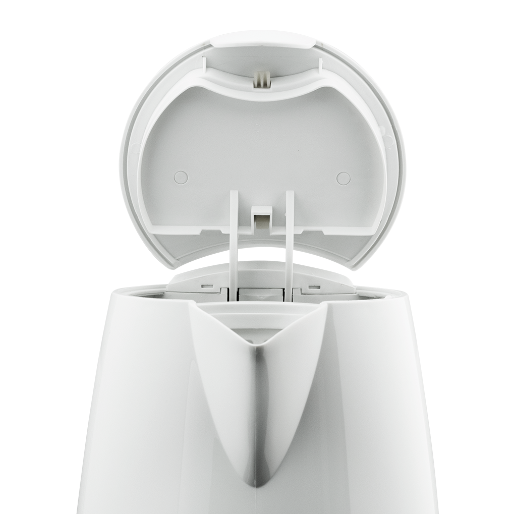 Weißer Wasserkocher mit offenem Deckel, der das Innere zeigt.