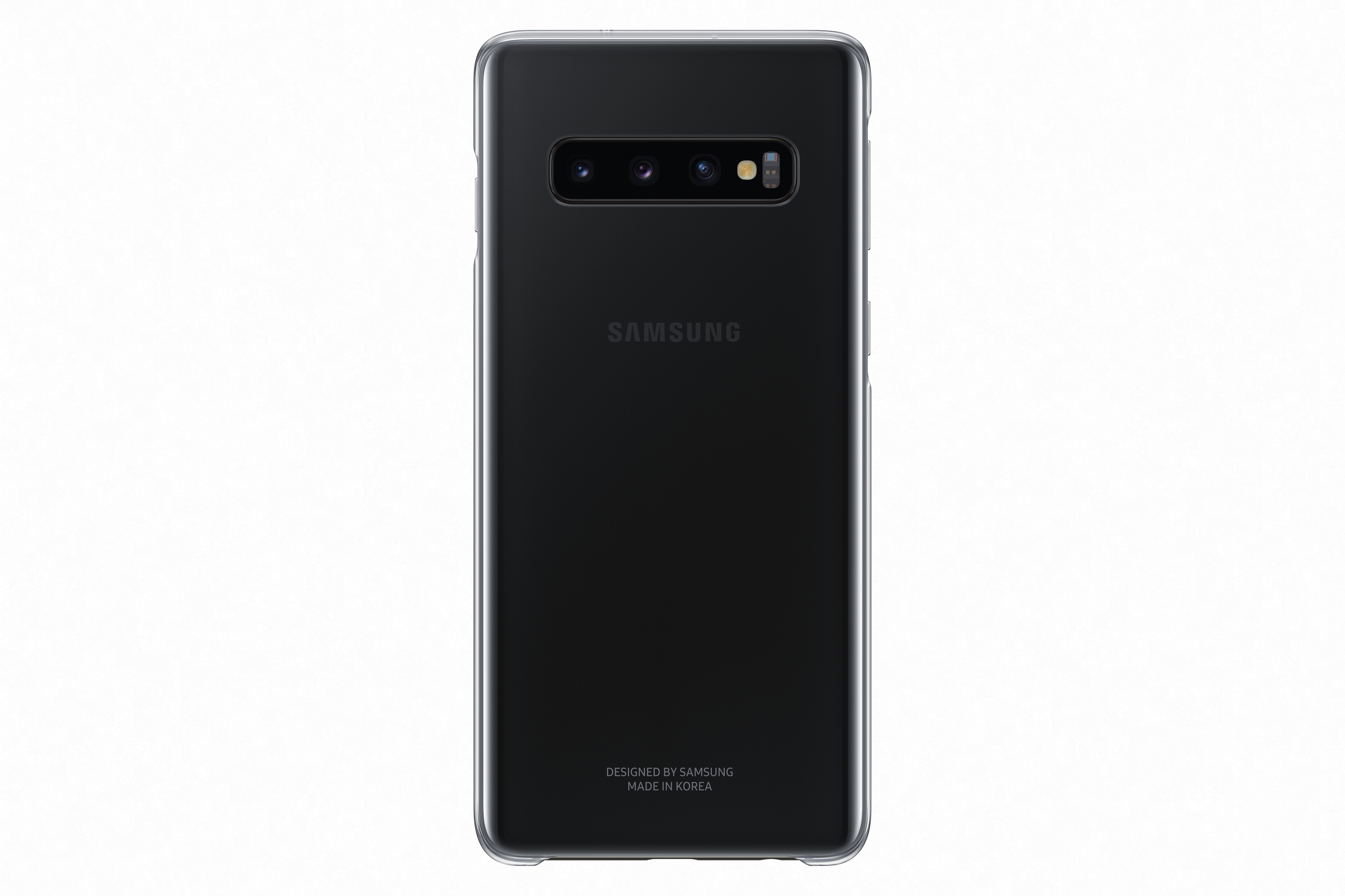 Die Rückseite eines schwarzen Samsung-Telefons mit Kamera und Samsung-Logo. Weißer Hintergrund.