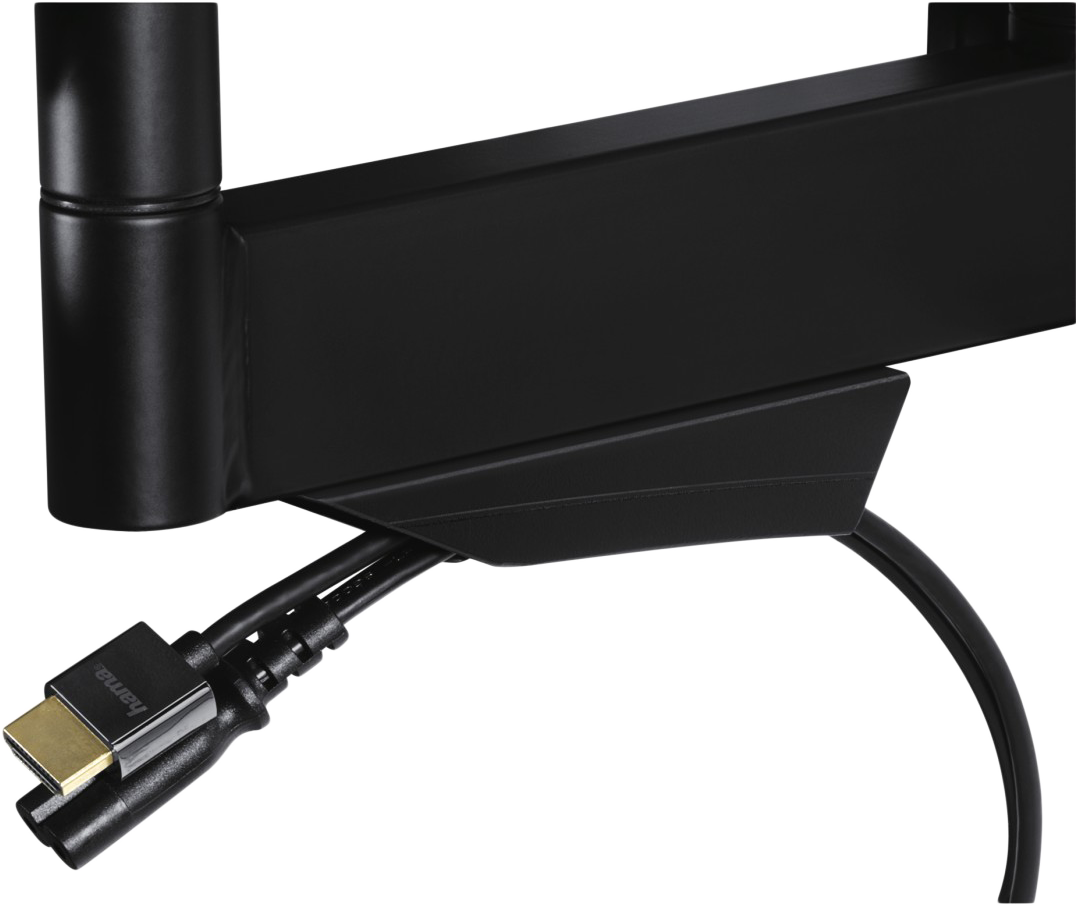 Fekete monitorállvány csatlakoztatott HDMI-kábelekkel. Közelkép. Fehér háttér.