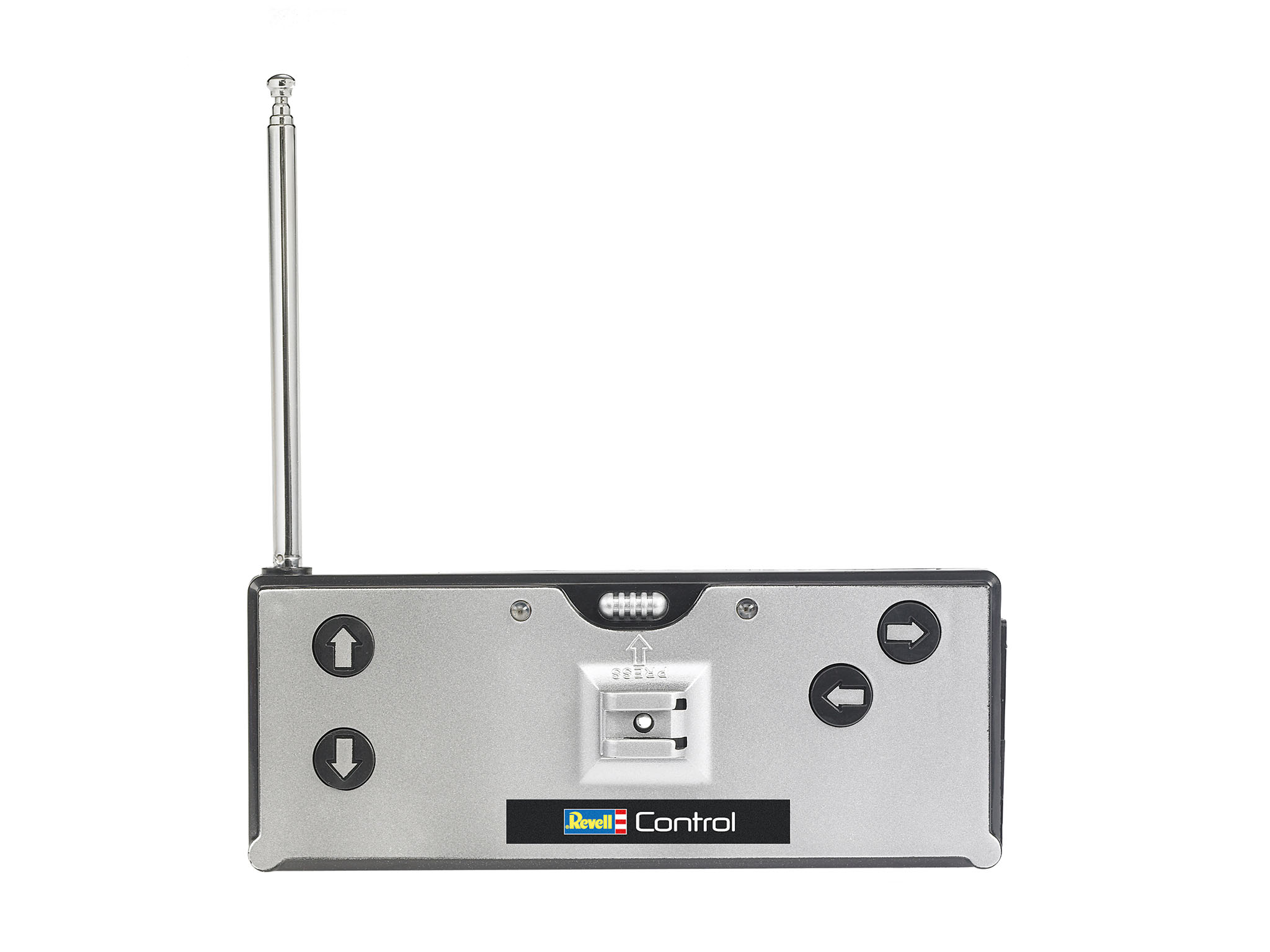 Eine silberne Revell-Fernbedienung mit Knöpfen und einer Antenne.