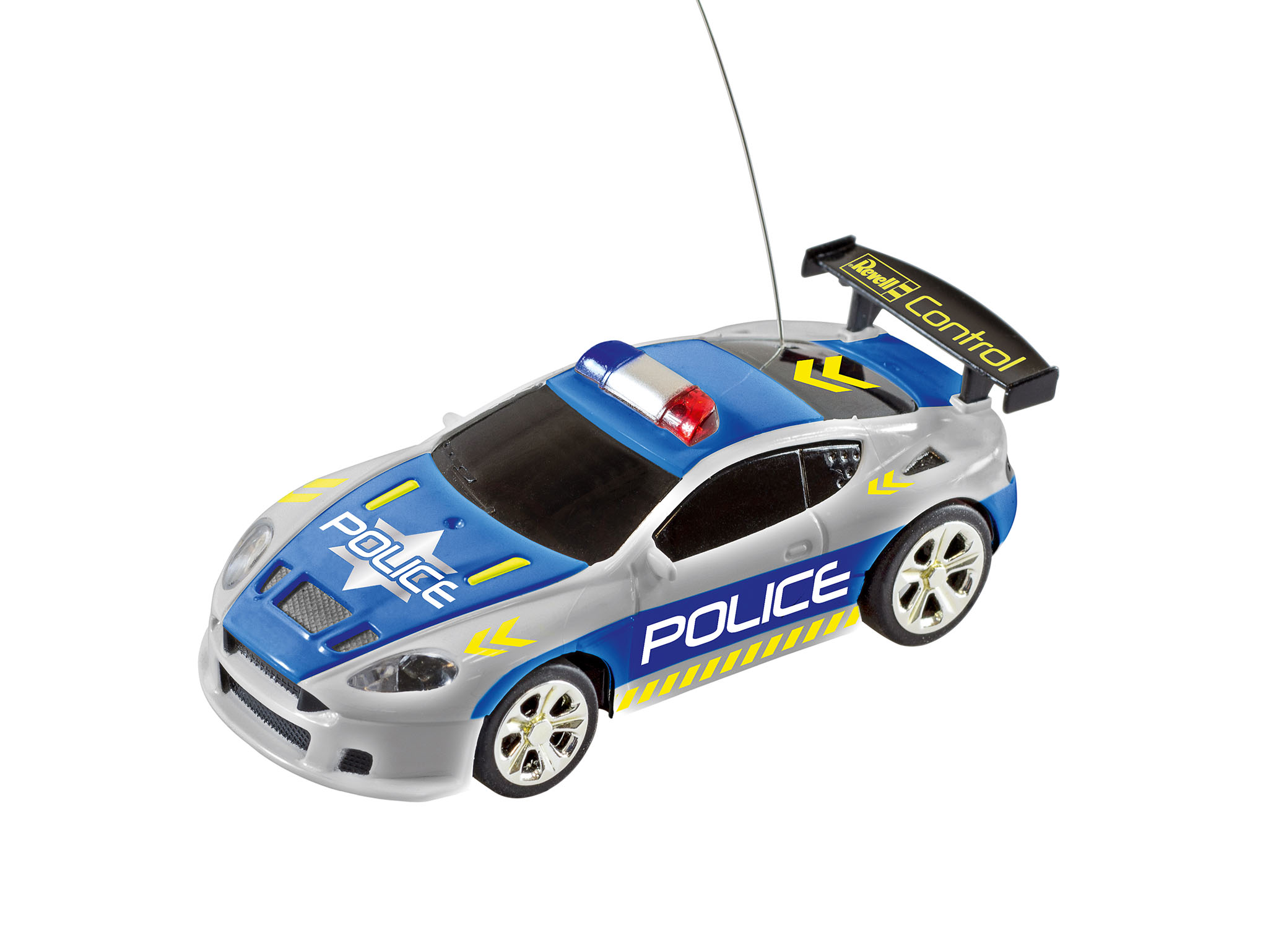 Ein blaues, graues und weißes ferngesteuertes Polizeiauto mit Spoiler, auf weißem Hintergrund.