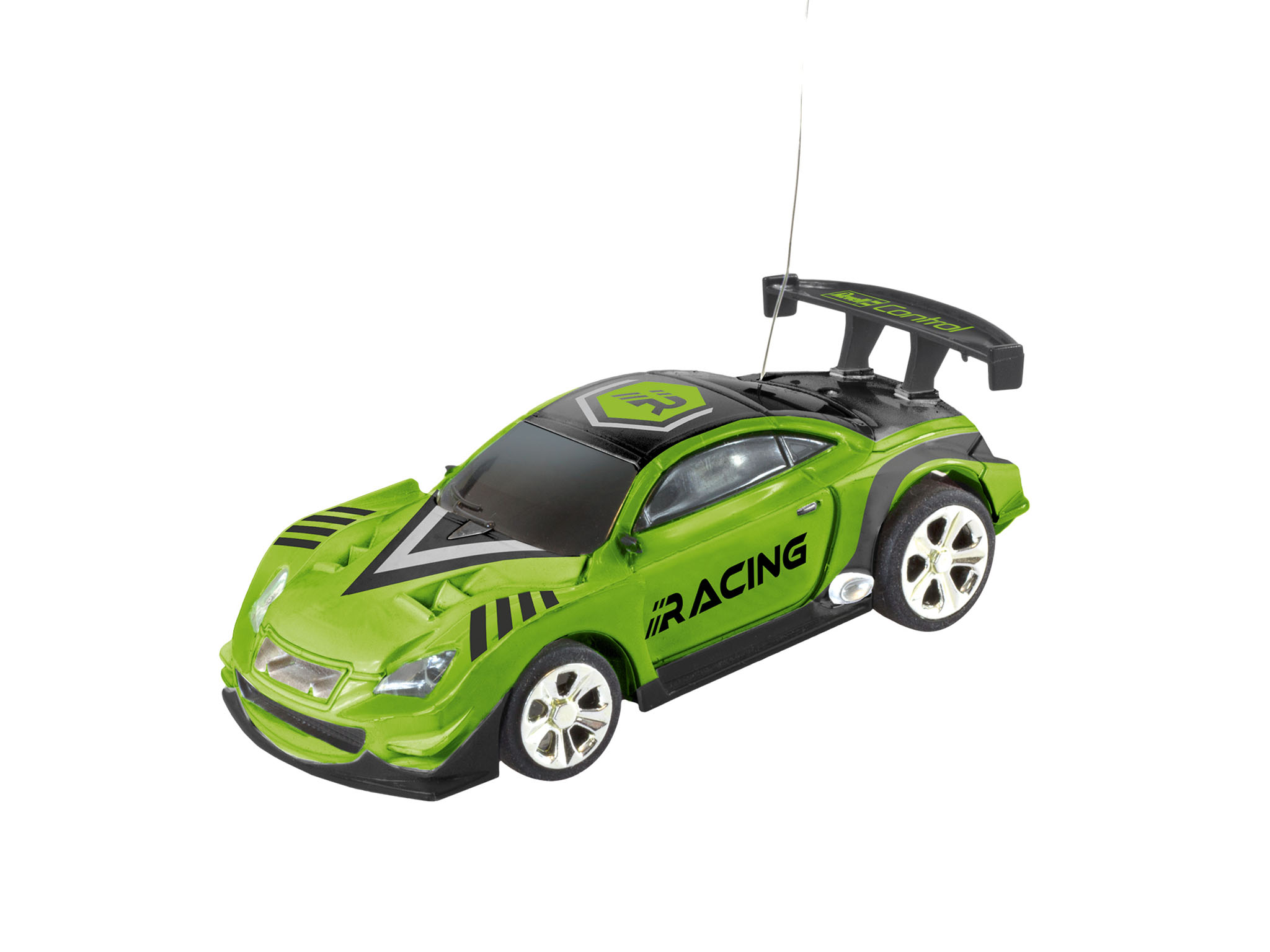 Grünes und schwarzes Spielzeug-Rennauto mit Spoiler, auf weißer Oberfläche.