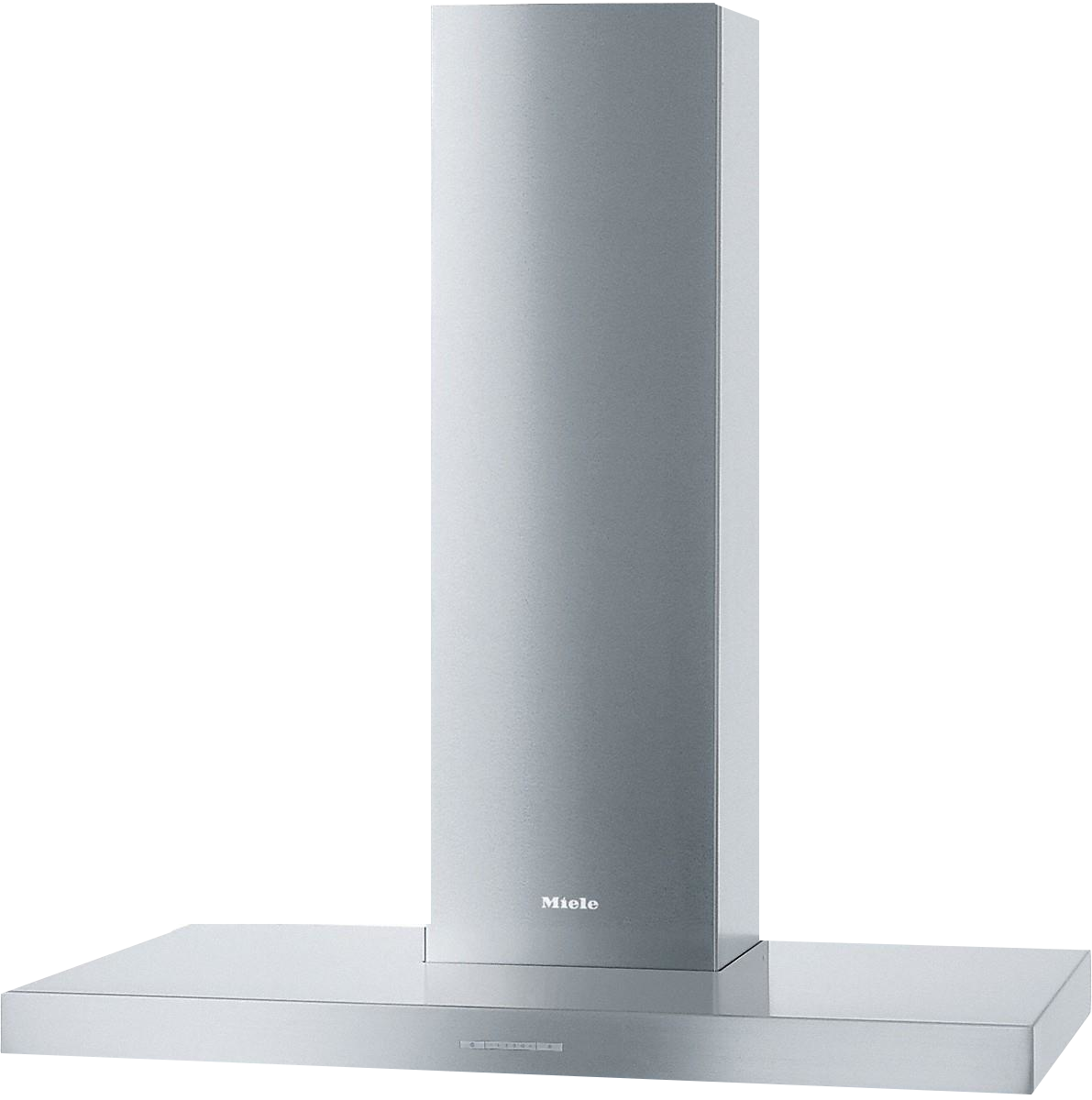 Eine schlanke, moderne Dunstabzugshaube aus Edelstahl mit dem Miele-Logo.